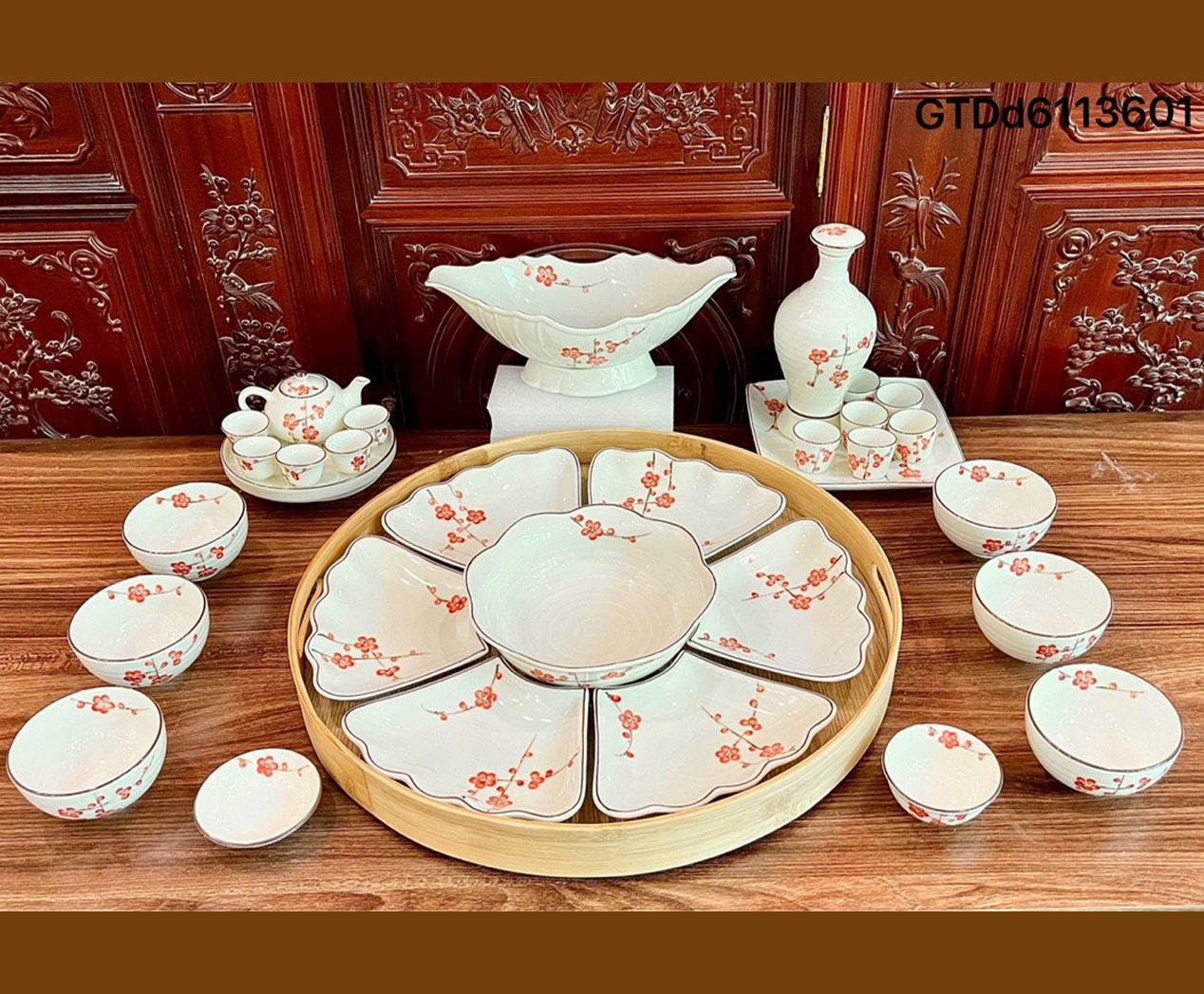 Bộ bát đĩa Hoa mặt trời Bát Tràng họa tiết Đào đỏ DH