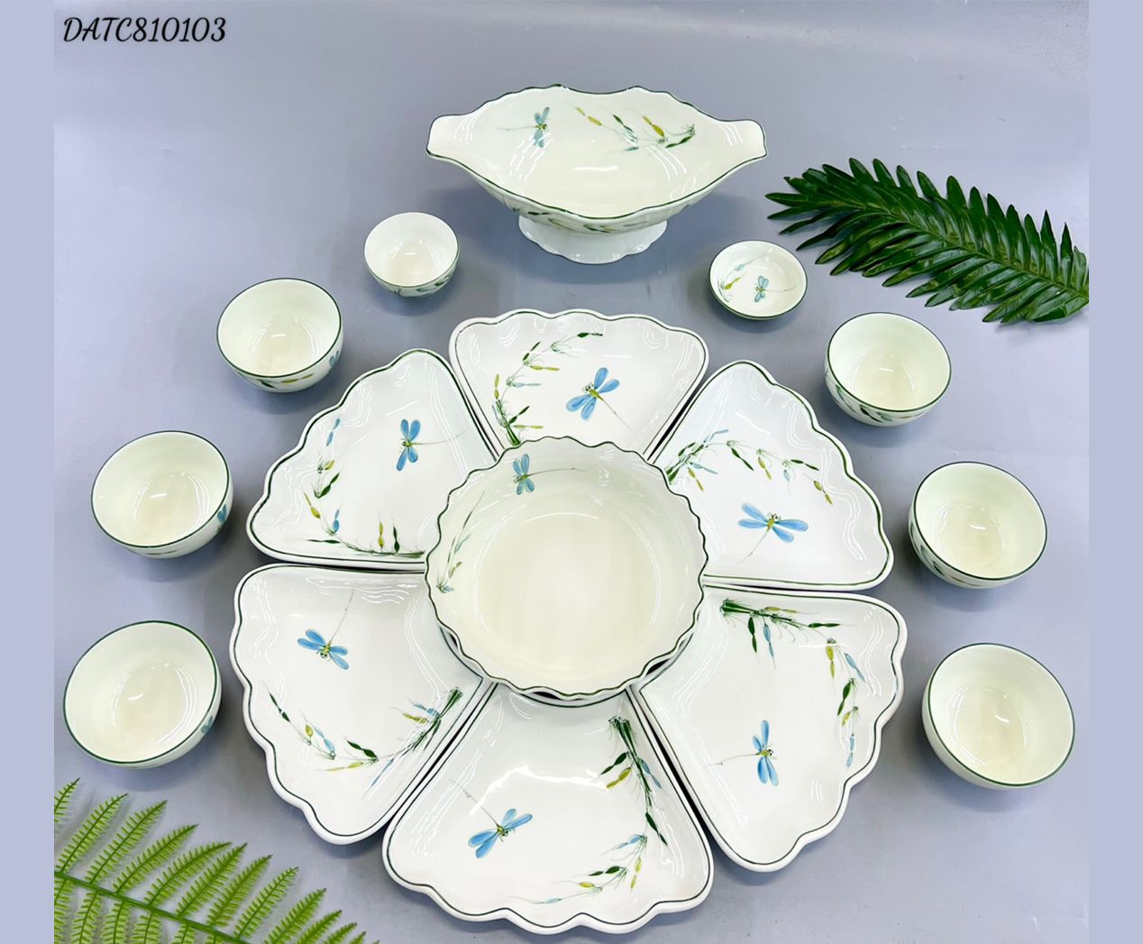 Bộ bát đĩa Hoa mặt trời Bát Tràng họa tiết Chuồn TĐ