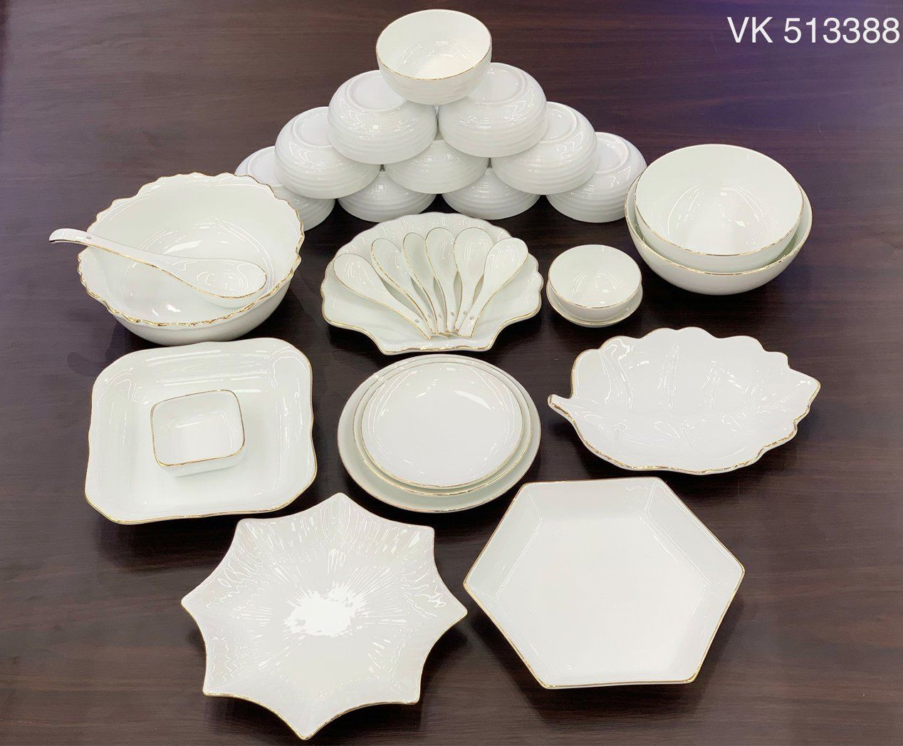 Bộ Bát đĩa Trắng Vẽ Vàng hàng Bát Tràng Cao cấp TĐ
