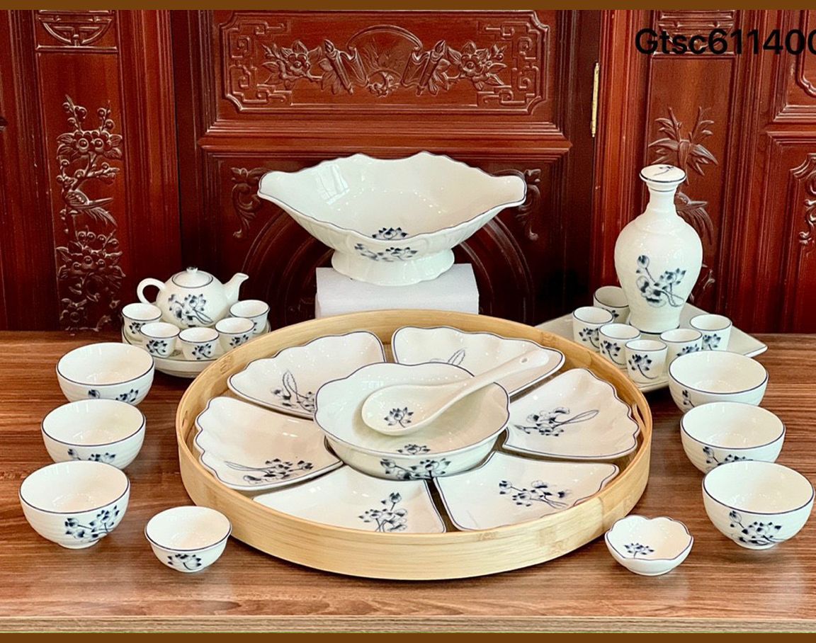 Bộ bát đĩa Hoa mặt trời Bát Tràng họa tiết Sen tràm DH