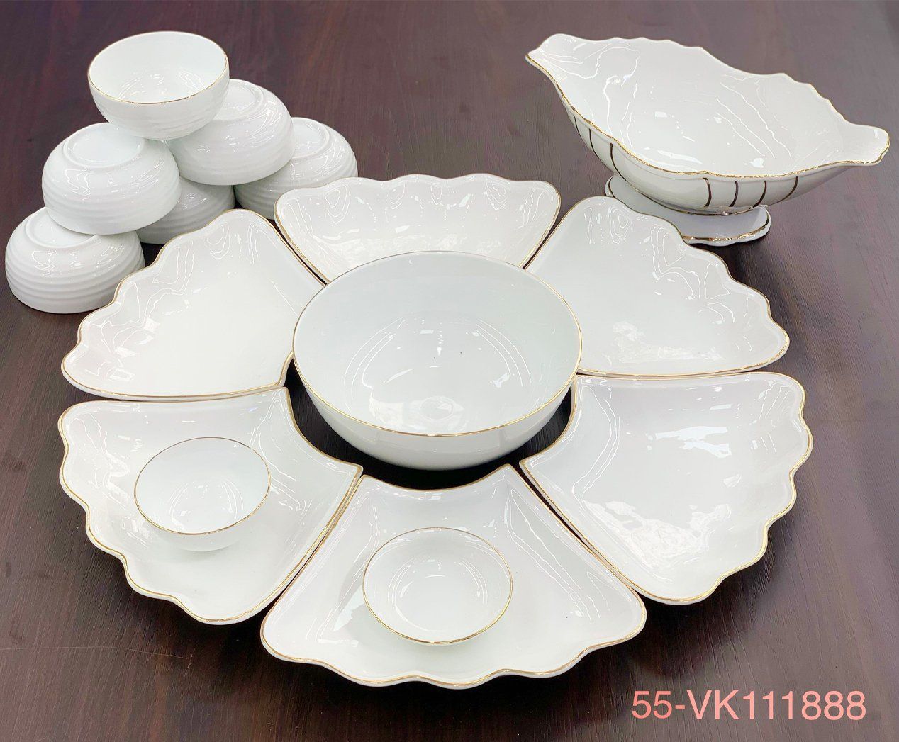 Bộ bát đĩa Hoa mặt trời Trắng Vẽ vàng Cao cấp Bát Tràng