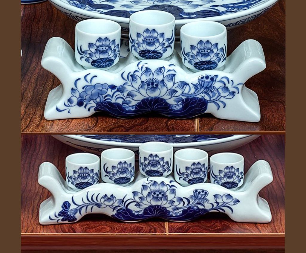 Kỷ ngai Sen / Bộ chén thờ Sen Men lam Vẽ tay LA
