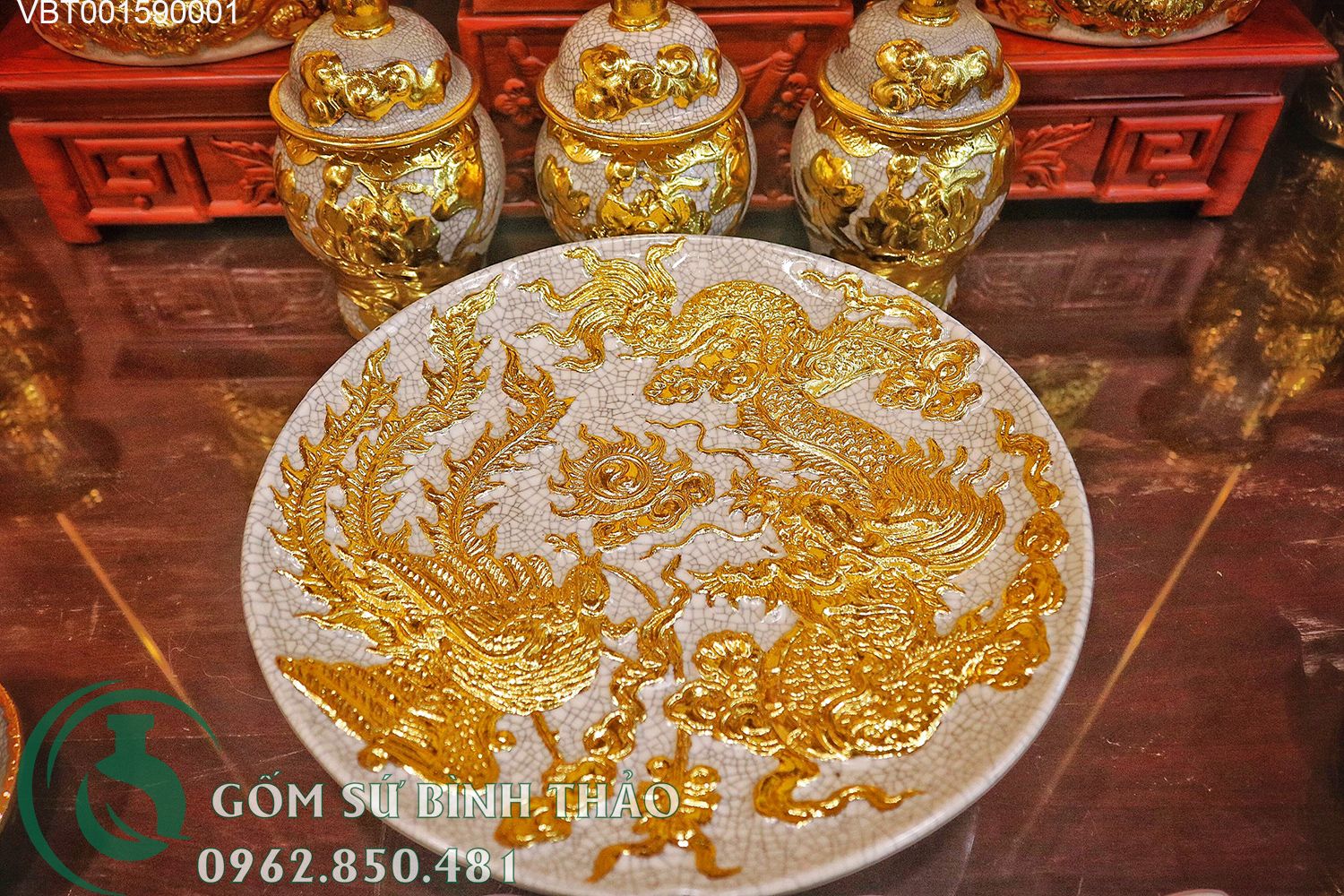 Bộ đồ thờ dát vàng Hỷ Sự Quý Tử ban thờ 1m75 1m97 2m17 VBT01