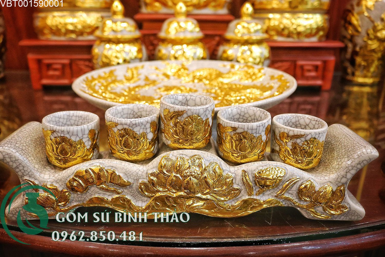 Bộ đồ thờ dát vàng Hỷ Sự Quý Tử ban thờ 1m75 1m97 2m17 VBT01