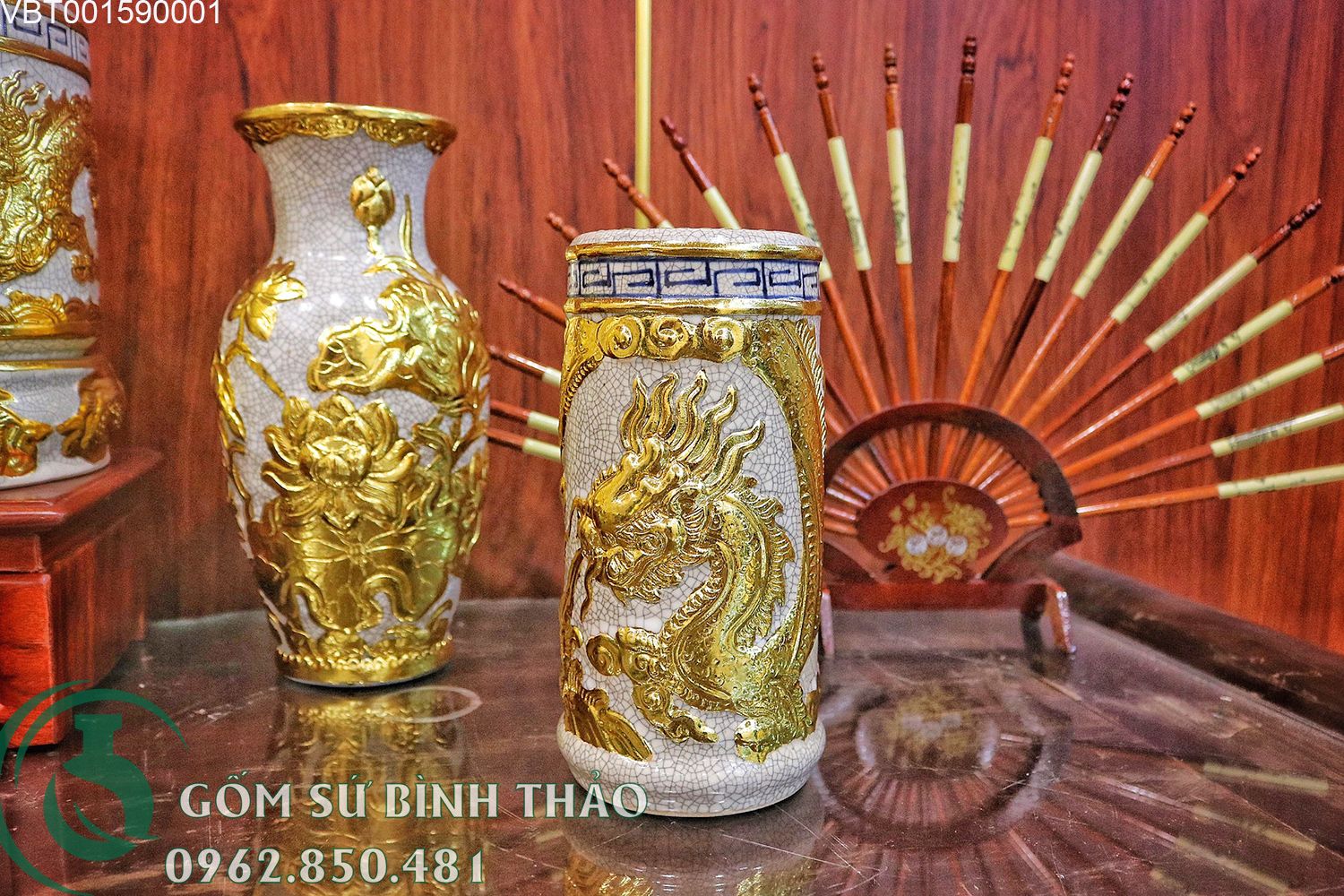 Bộ đồ thờ dát vàng Hỷ Sự Quý Tử ban thờ 1m75 1m97 2m17 VBT01