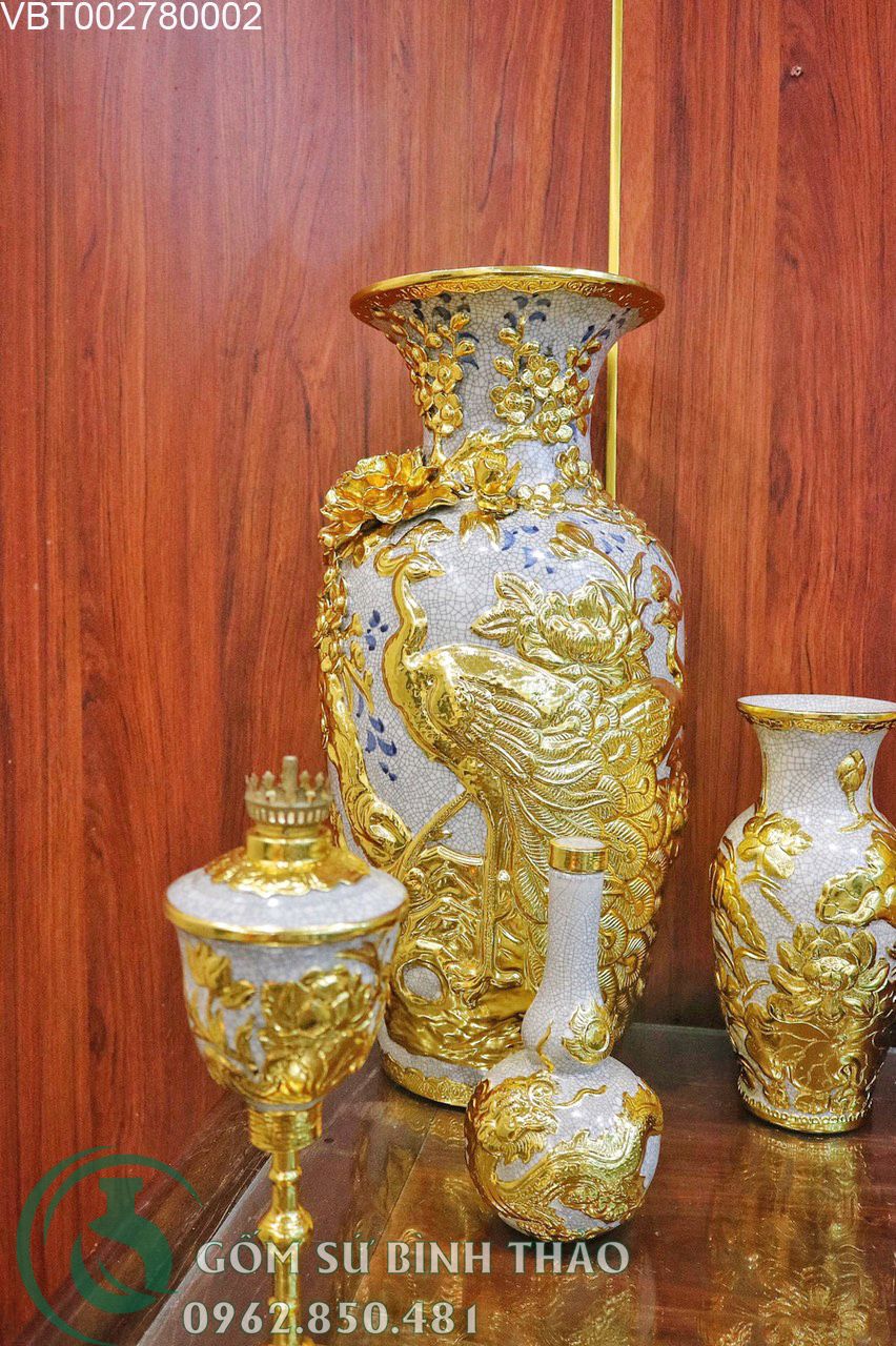 Đồ thờ bát tràng dát vàng Hỷ Sự Nạp Phúc ban thờ 1m75, 1m97, 2m17 VBT02