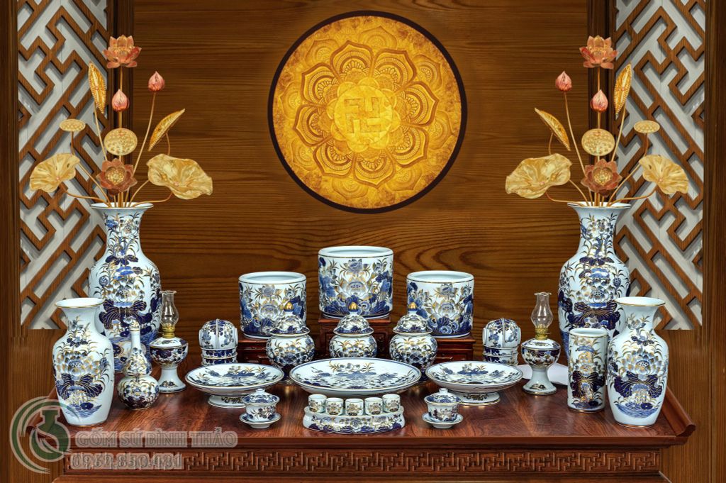 Bộ đồ thờ Bát Tràng men Lam vẽ Vàng 24K Cao Cấp Nghệ nhân vẽ tay VKLA6