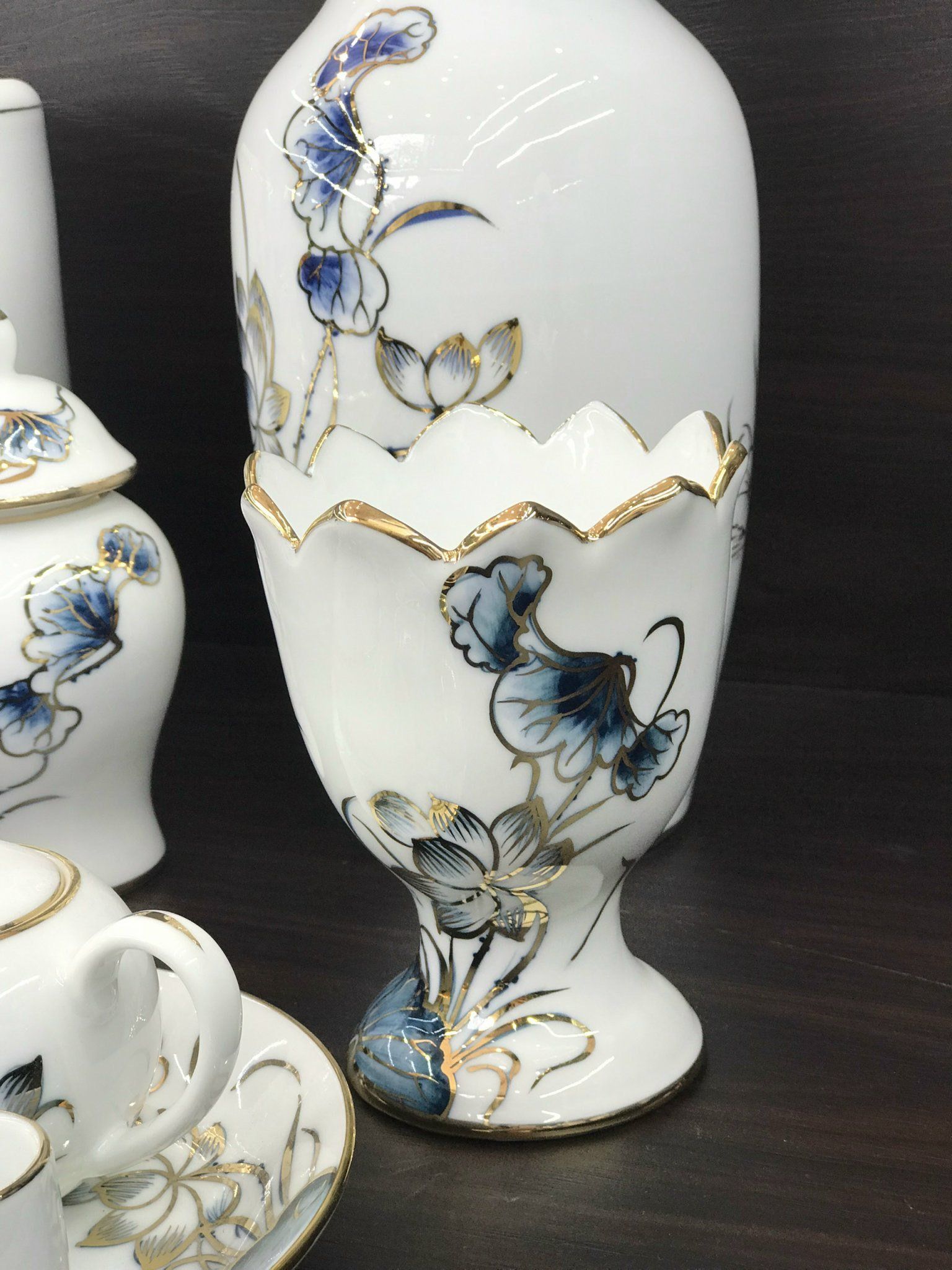 Bộ đồ thờ Cao cấp Bát Tràng Sen Chàm Vàng Kim Vẽ tay TĐSC010