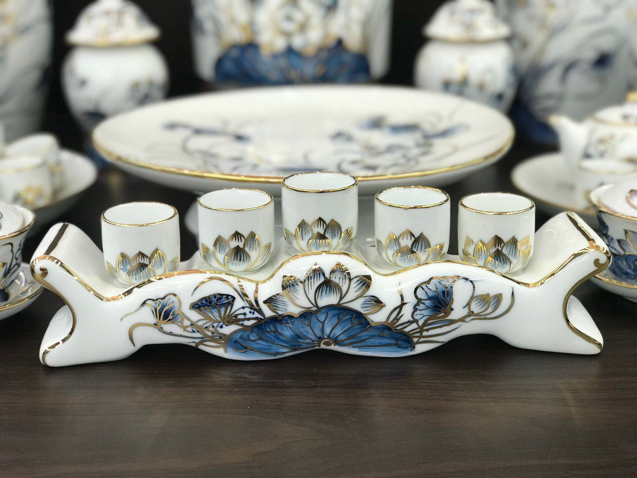 Bộ đồ thờ Cao cấp Bát Tràng Sen Chàm Vàng Kim Vẽ tay TĐSC010