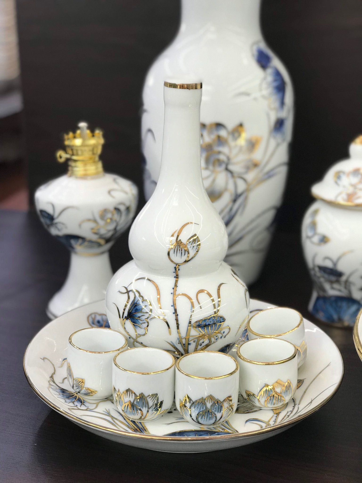 Bộ đồ thờ Cao cấp Bát Tràng Sen Chàm Vàng Kim Vẽ tay TĐSC010