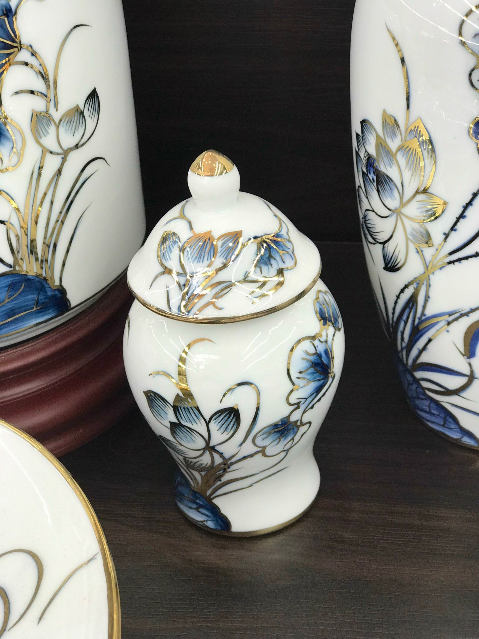 Bộ đồ thờ Cao cấp Bát Tràng Sen Chàm Vàng Kim Vẽ tay TĐSC010