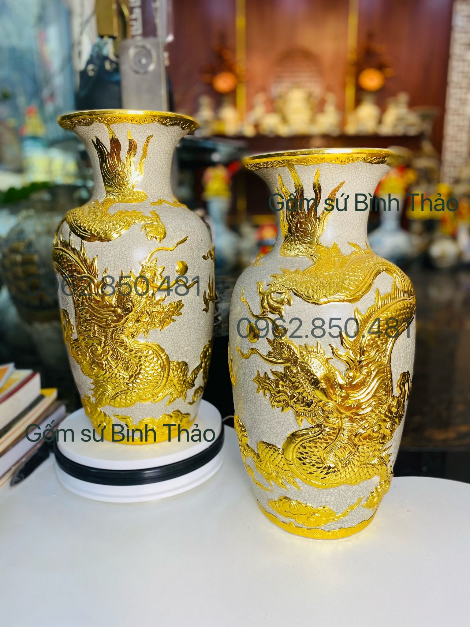 Lọ lộc bình Rồng Men rạn đắp nổi Dát vàng