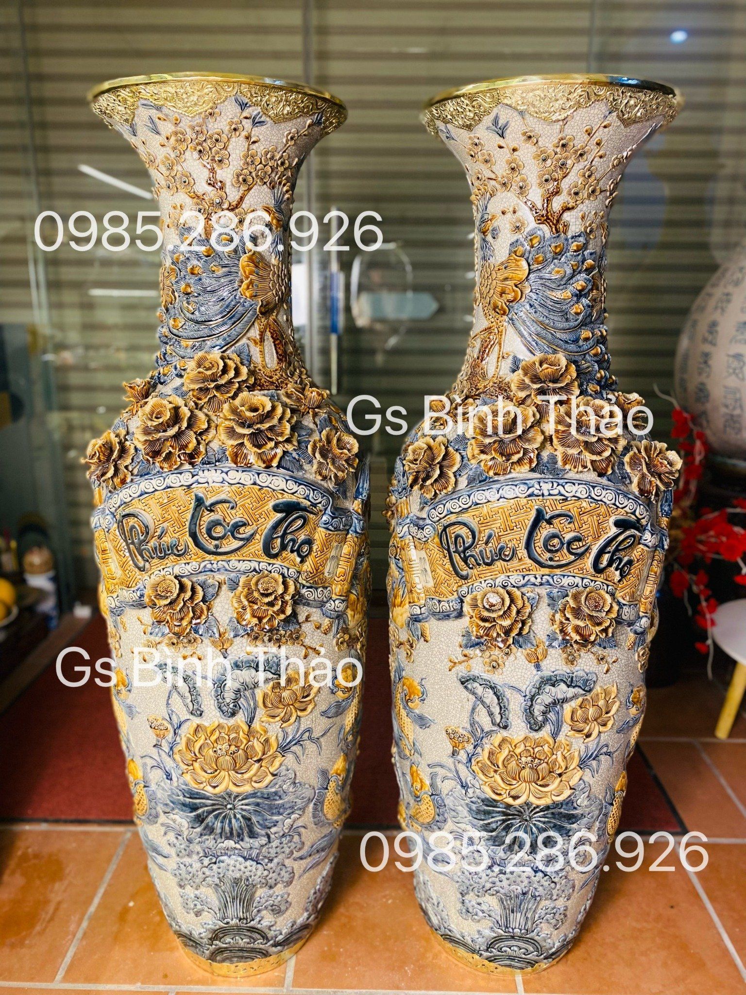 Lọ Lục Bình Phúc Lộc Thọ Men rạn đắp nổi Nghệ nhân Bát Tràng LBMRPA
