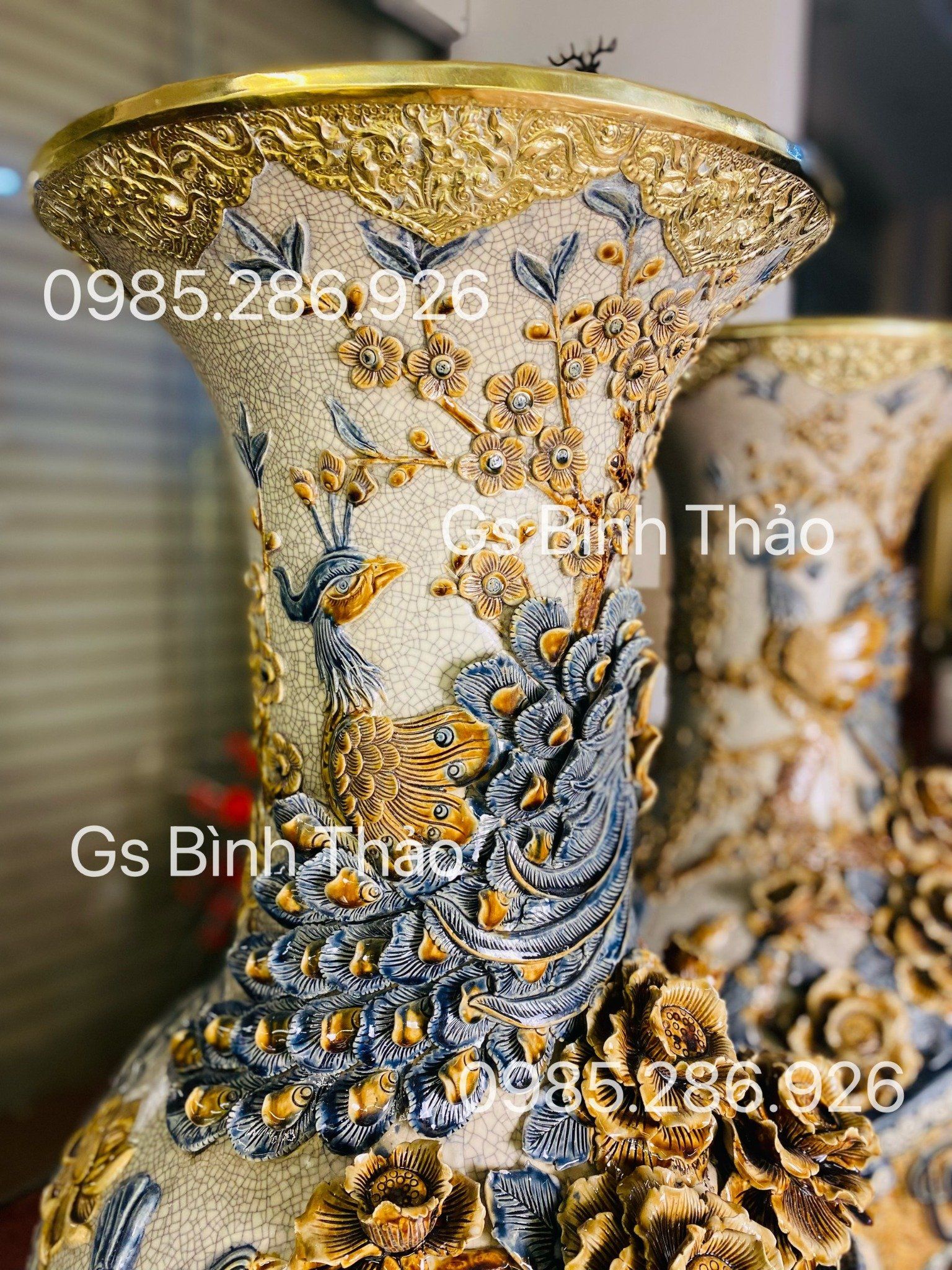 Lọ Lục Bình Phúc Lộc Thọ Men rạn đắp nổi Nghệ nhân Bát Tràng LBMRPA