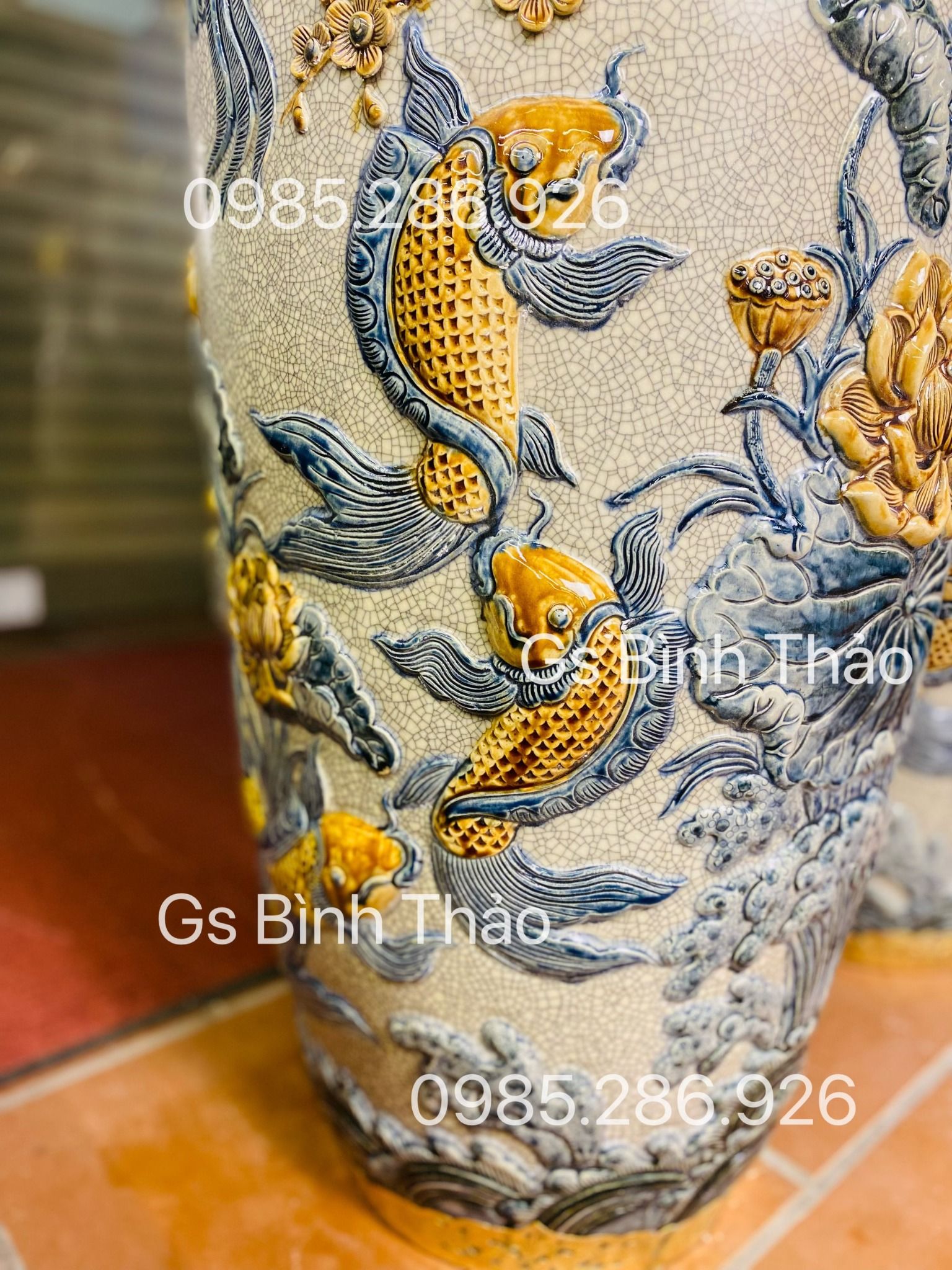 Lộc Bình Phúc Đức Cửu Ngư men rạn đắp nổi Bát Tràng LBMRPA