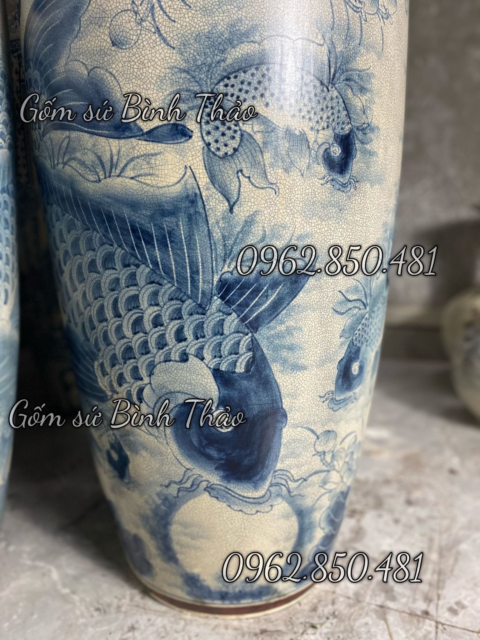 1m4 - Lọ Lục Bình Phúc Đức Cửu Ngư Men Rạn cổ Bát Tràng HL