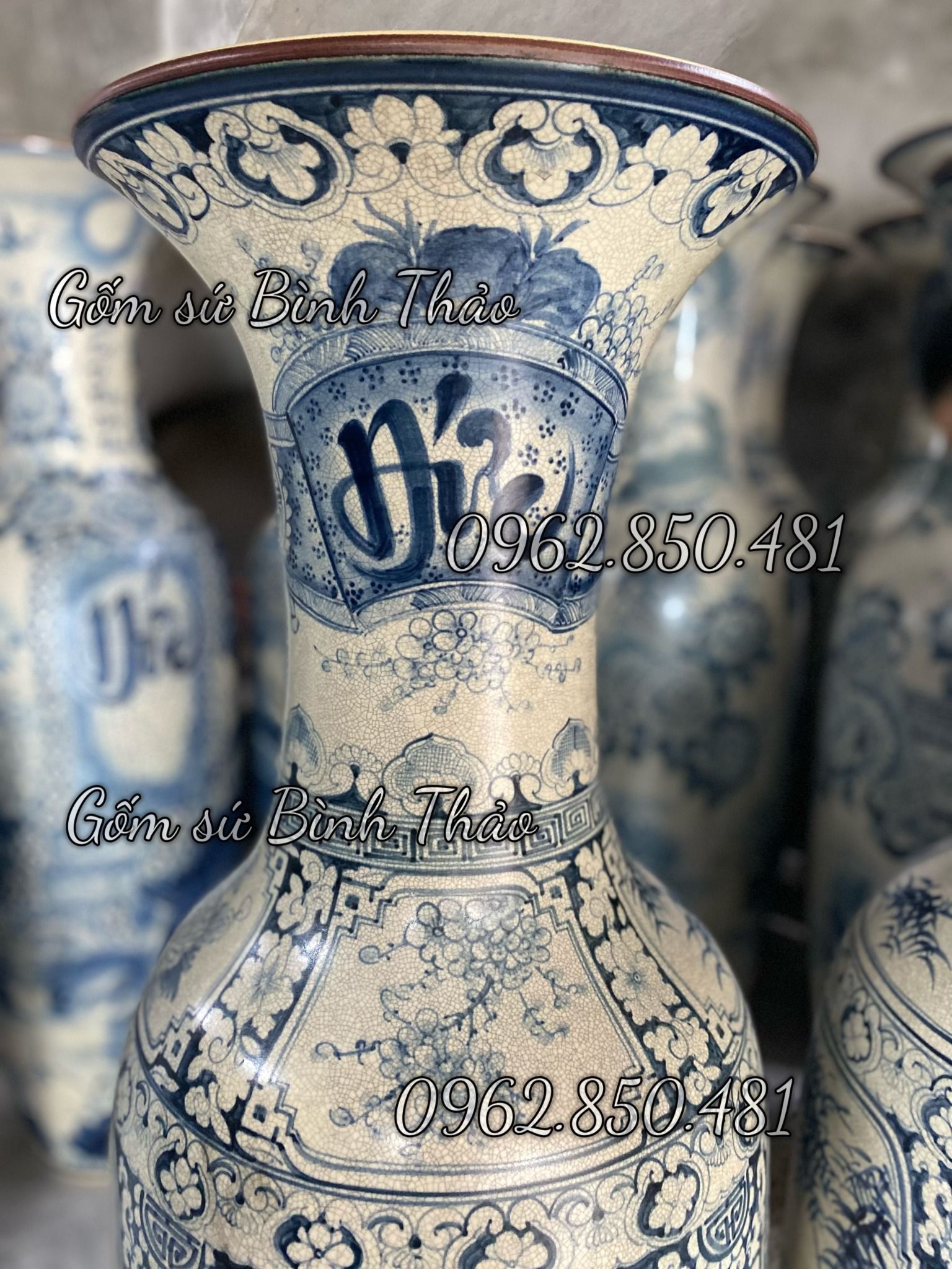 Lọ Lục Bình Tứ cảnh men Rạn cổ hàng Bát Tràng vẽ tay HL