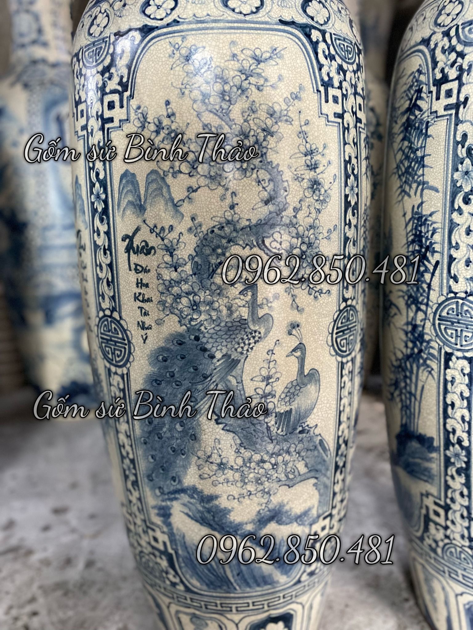 Lọ Lục Bình Tứ cảnh men Rạn cổ hàng Bát Tràng vẽ tay HL