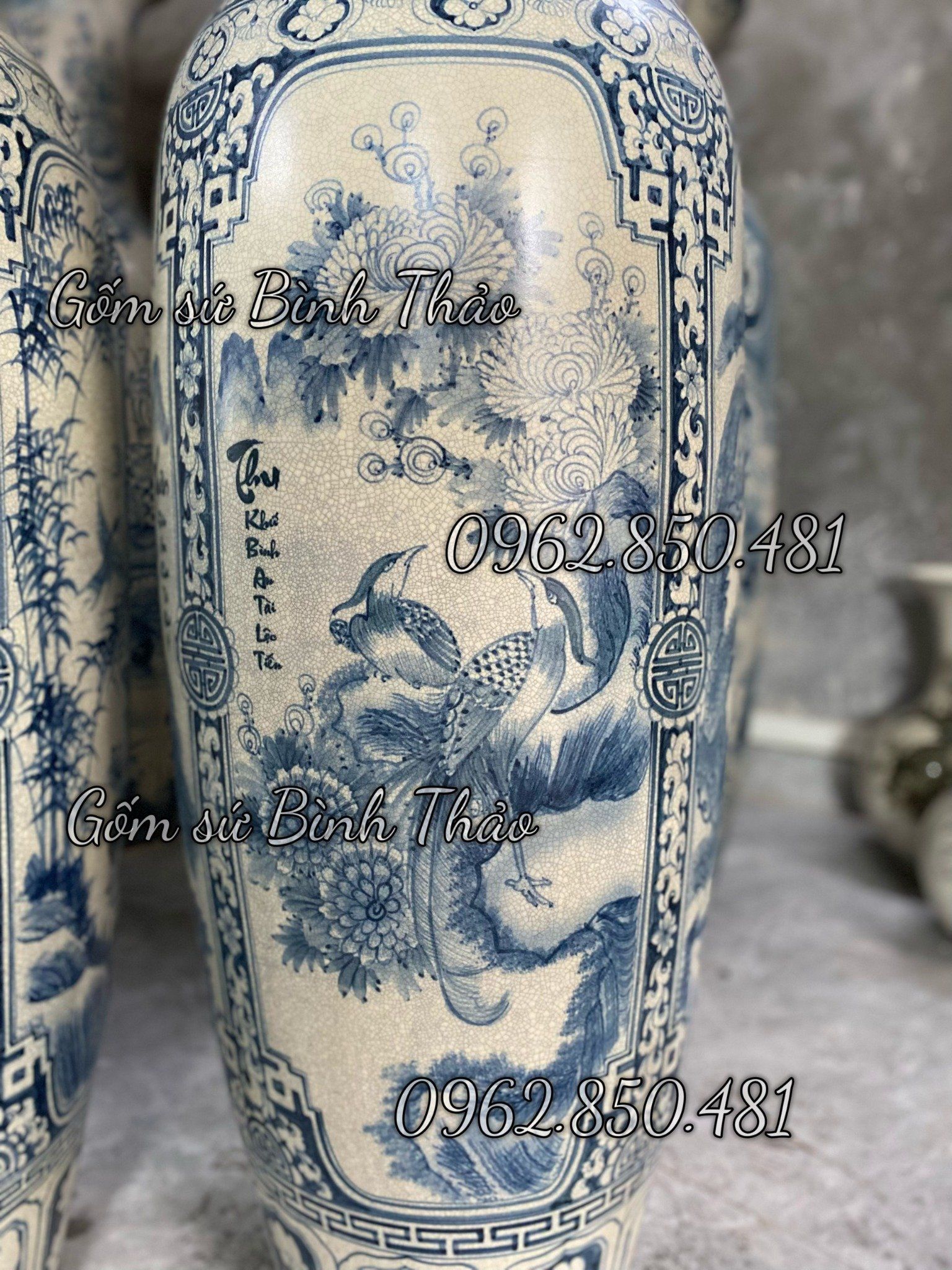 Lọ Lục Bình Tứ cảnh men Rạn cổ hàng Bát Tràng vẽ tay HL