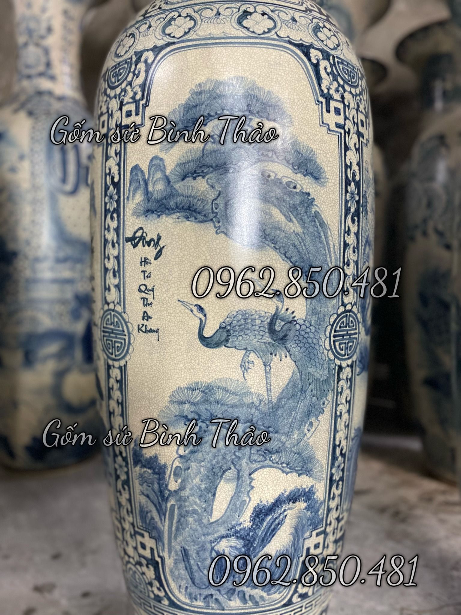 Lọ Lục Bình Tứ cảnh men Rạn cổ hàng Bát Tràng vẽ tay HL