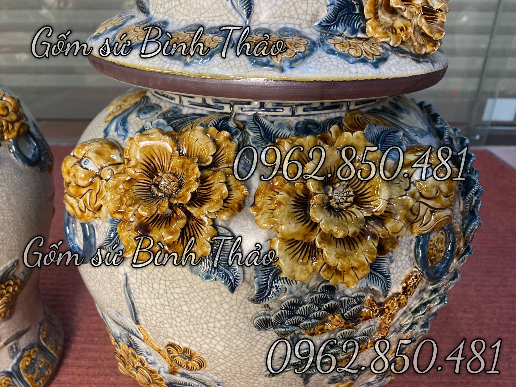 Chóe Công đào 25L Men rạn đắp nổi hàng Nghệ nhân Bát Tràng HN