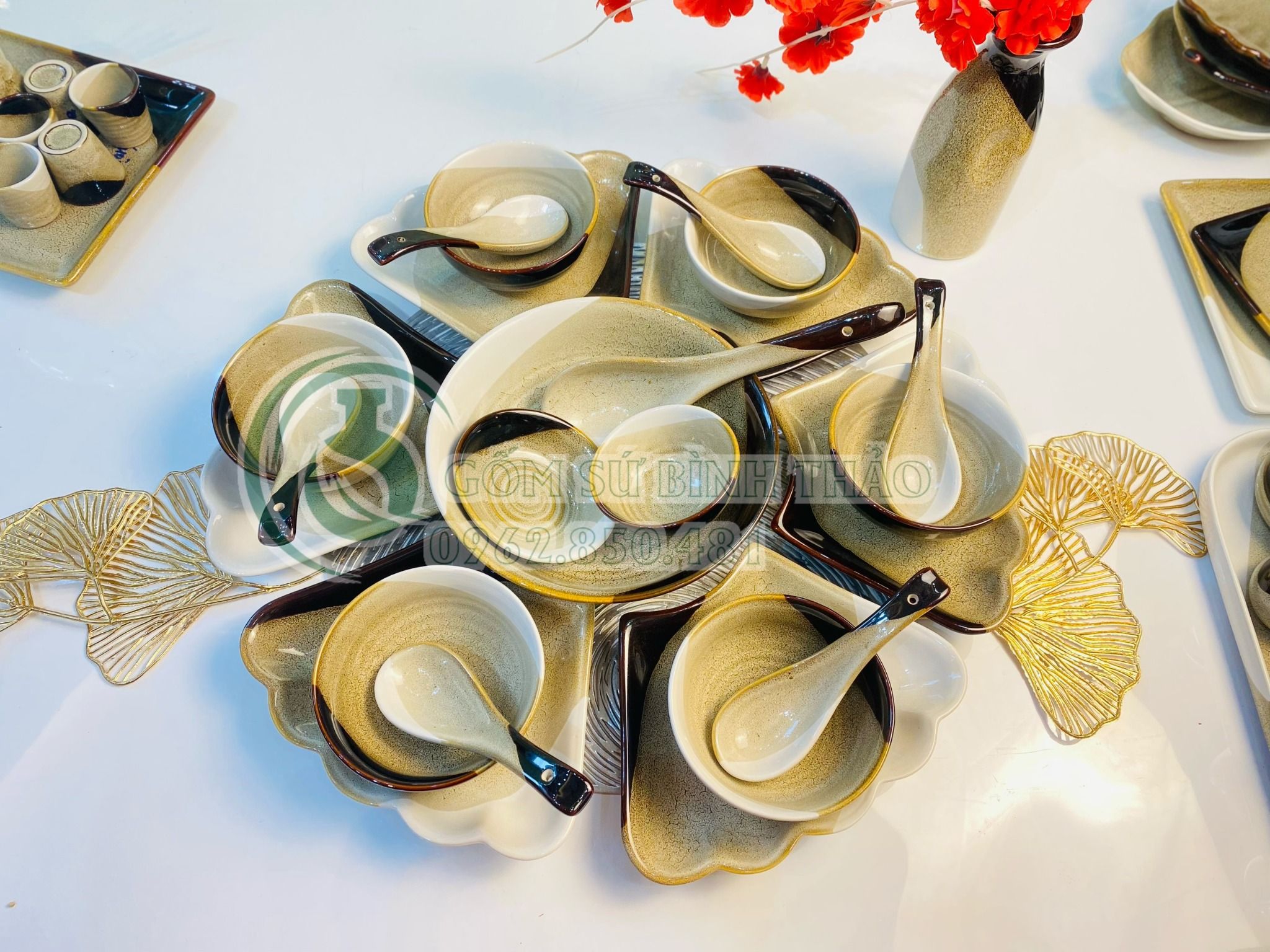Bộ bát đĩa Hoa mặt trời Bát Tràng 3 màu phong cách Nhật Bản DD