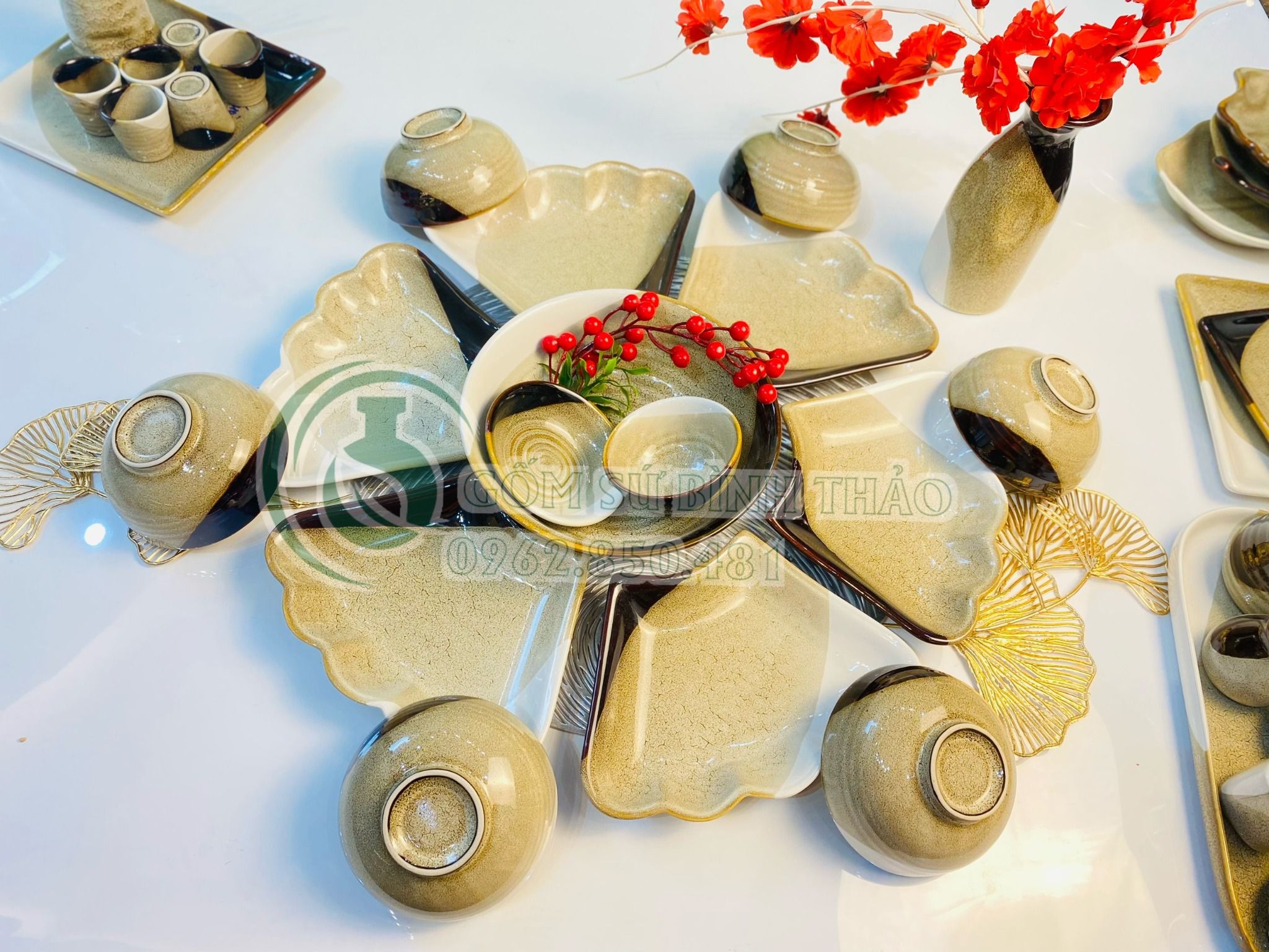 Bộ bát đĩa Hoa mặt trời Bát Tràng 3 màu phong cách Nhật Bản DD