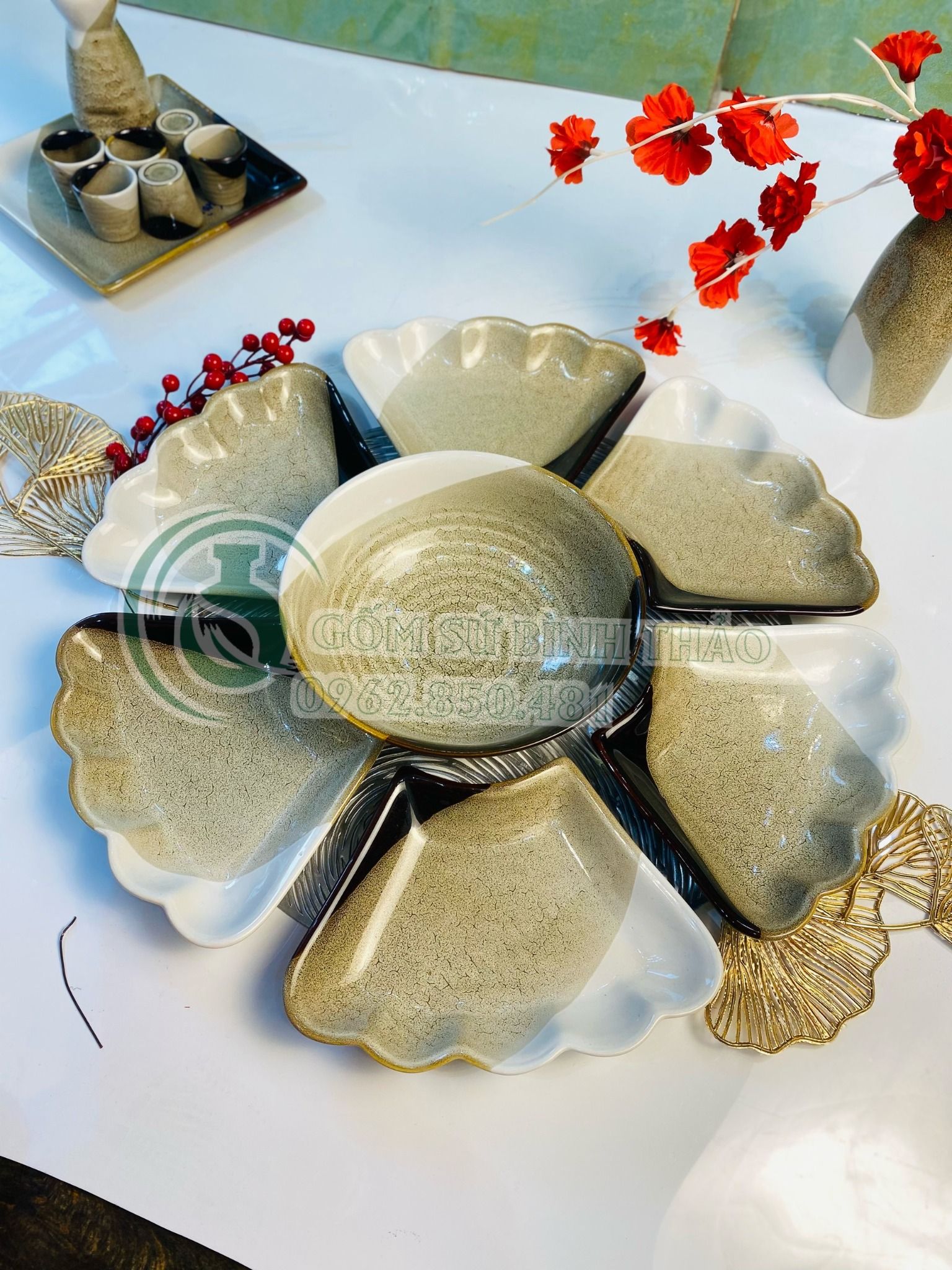 Bộ bát đĩa Hoa mặt trời Bát Tràng 3 màu phong cách Nhật Bản DD