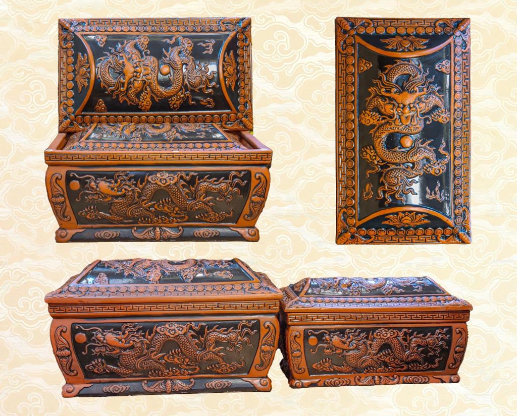 Bộ Quách Tiểu Gốm Đất đỏ - Họa tiết Long Chầu Nguyệt HH12
