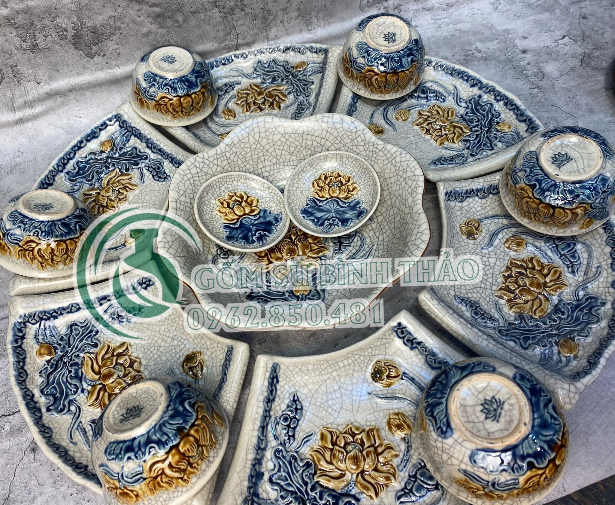 Bộ bát đĩa cúng / Bộ mặt trời men rạn nổi - Liên hoa cát tường PA