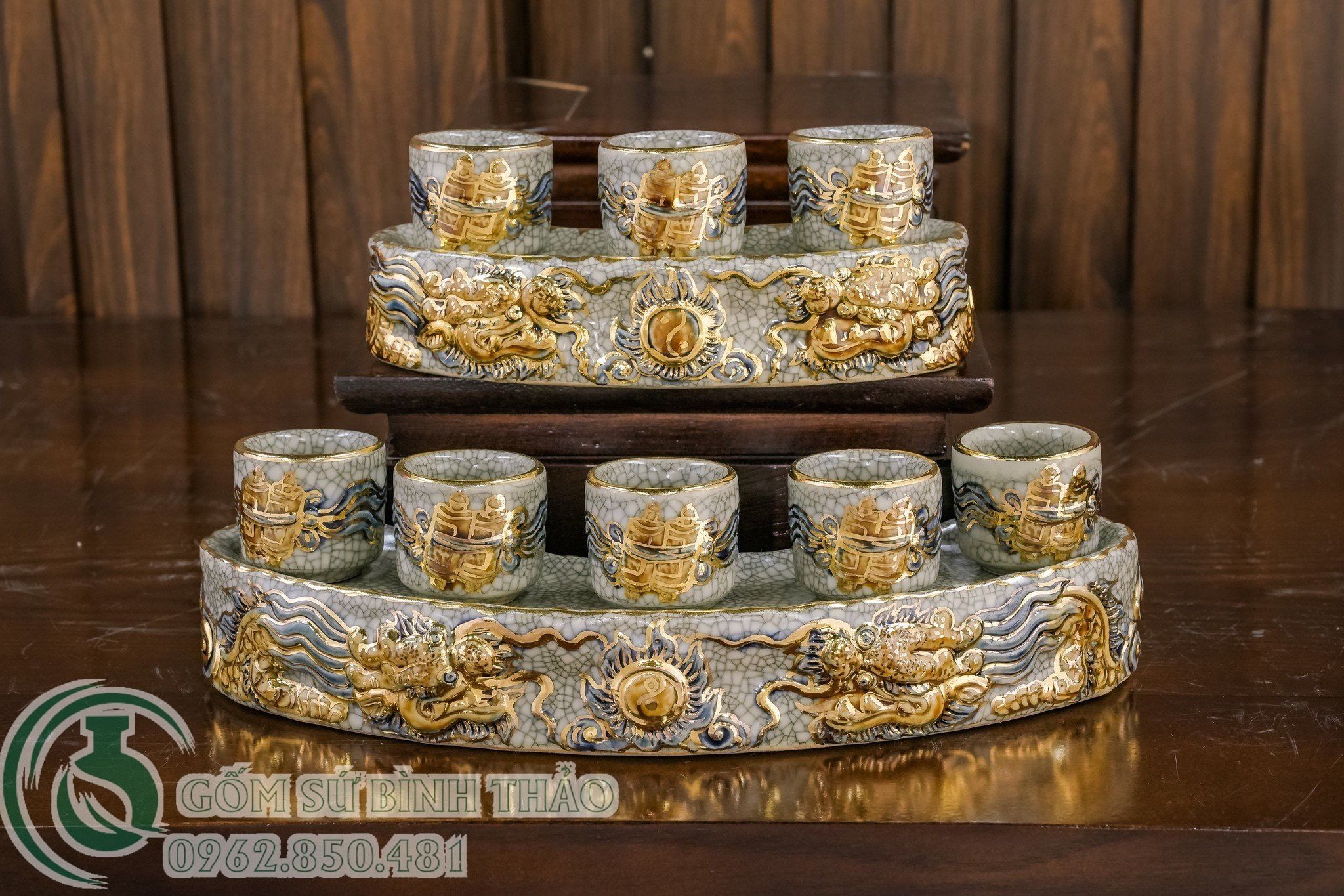 Bộ thờ Thần Tài Vượng phát Men rạn Đắp nổi Vẽ vàng 24K Cao cấp - Gốm nghệ nhân Bát Tràng PATT14