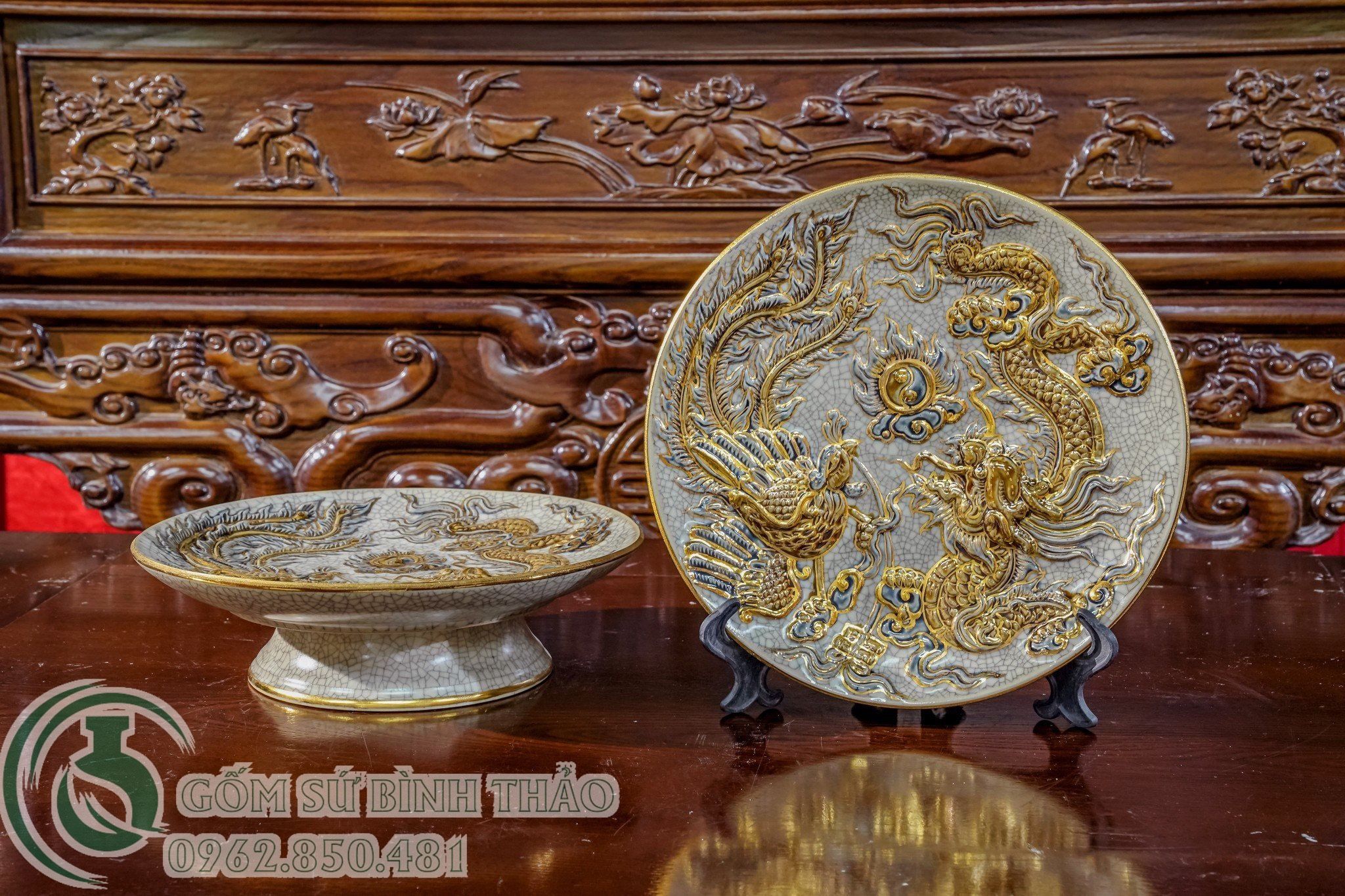 Bộ đồ thờ Gia tiên 1 bát hương Men Rạn đắp nổi Vẽ Vàng Cao cấp Bát Tràng hàng Nghệ nhân PAVK03