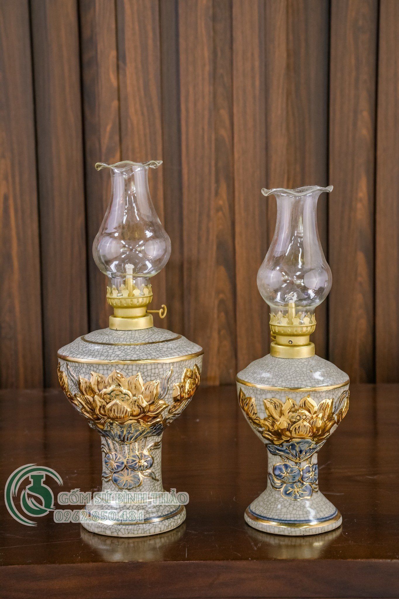 Bộ đồ thờ Phật Hoa Sen Men Rạn đắp nổi Vẽ Vàng 24K Cao cấp Bát Tràng hàng Nghệ nhân PAVK05