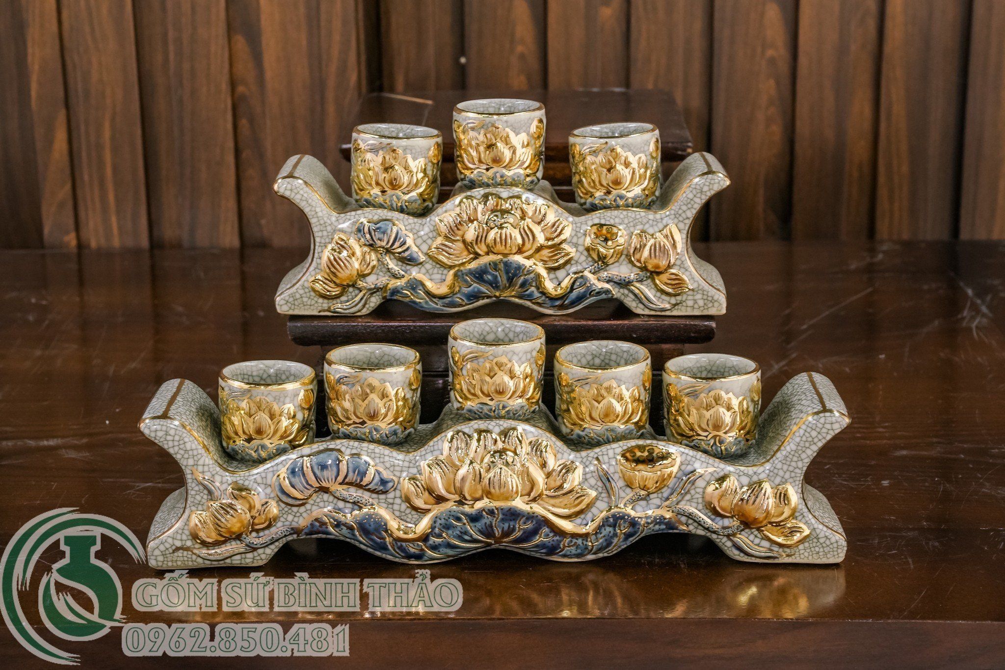 Bộ đồ thờ Phật Hoa Sen Men Rạn đắp nổi Vẽ Vàng 24K Cao cấp Bát Tràng hàng Nghệ nhân PAVK05