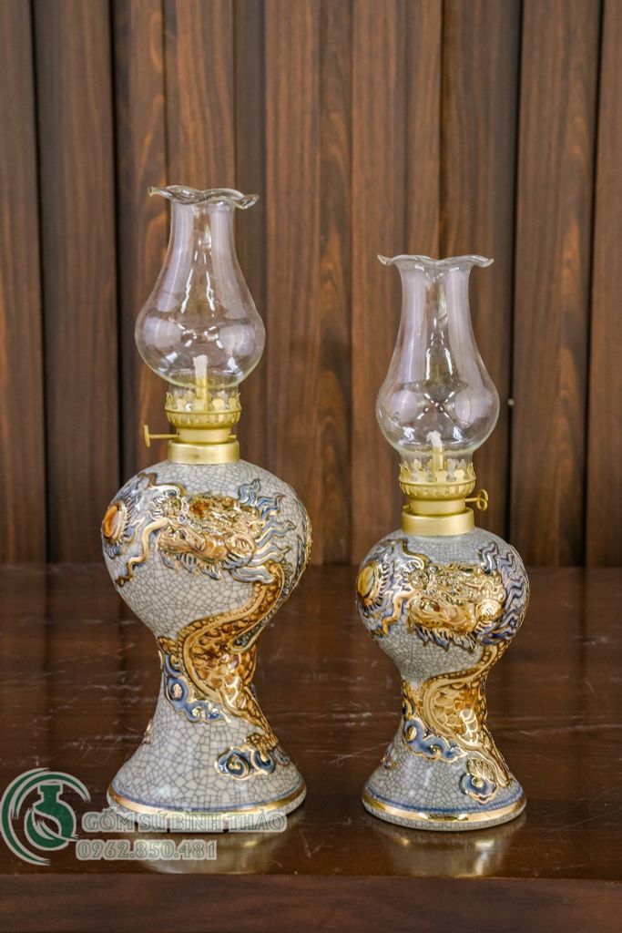 Đèn dầu Rồng Men rạn Đắp nổi Vẽ vàng 24K