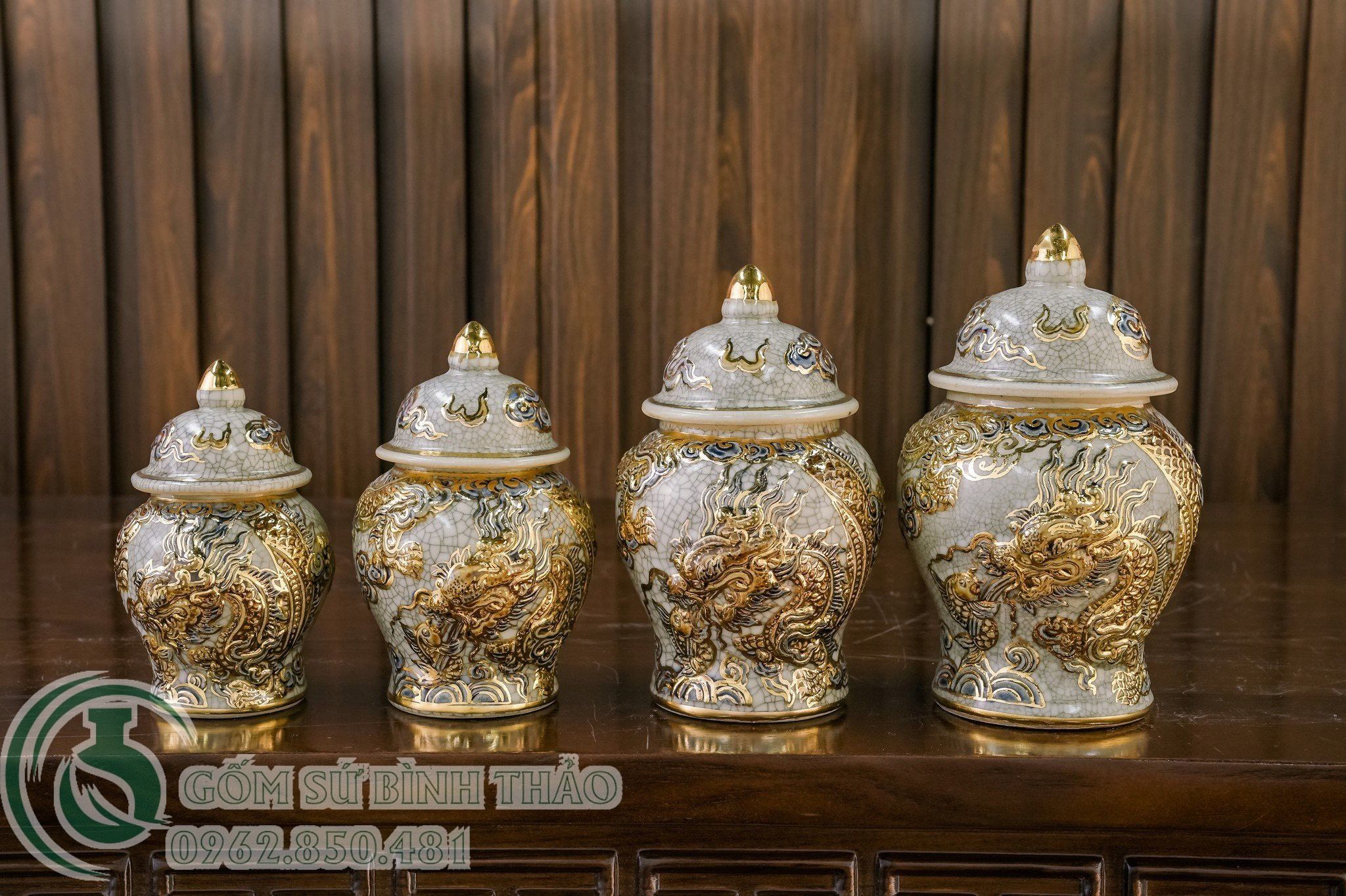 Bộ đồ thờ Gia tiên 1 bát hương Men Rạn đắp nổi Vẽ Vàng Cao cấp Bát Tràng hàng Nghệ nhân PAVK03