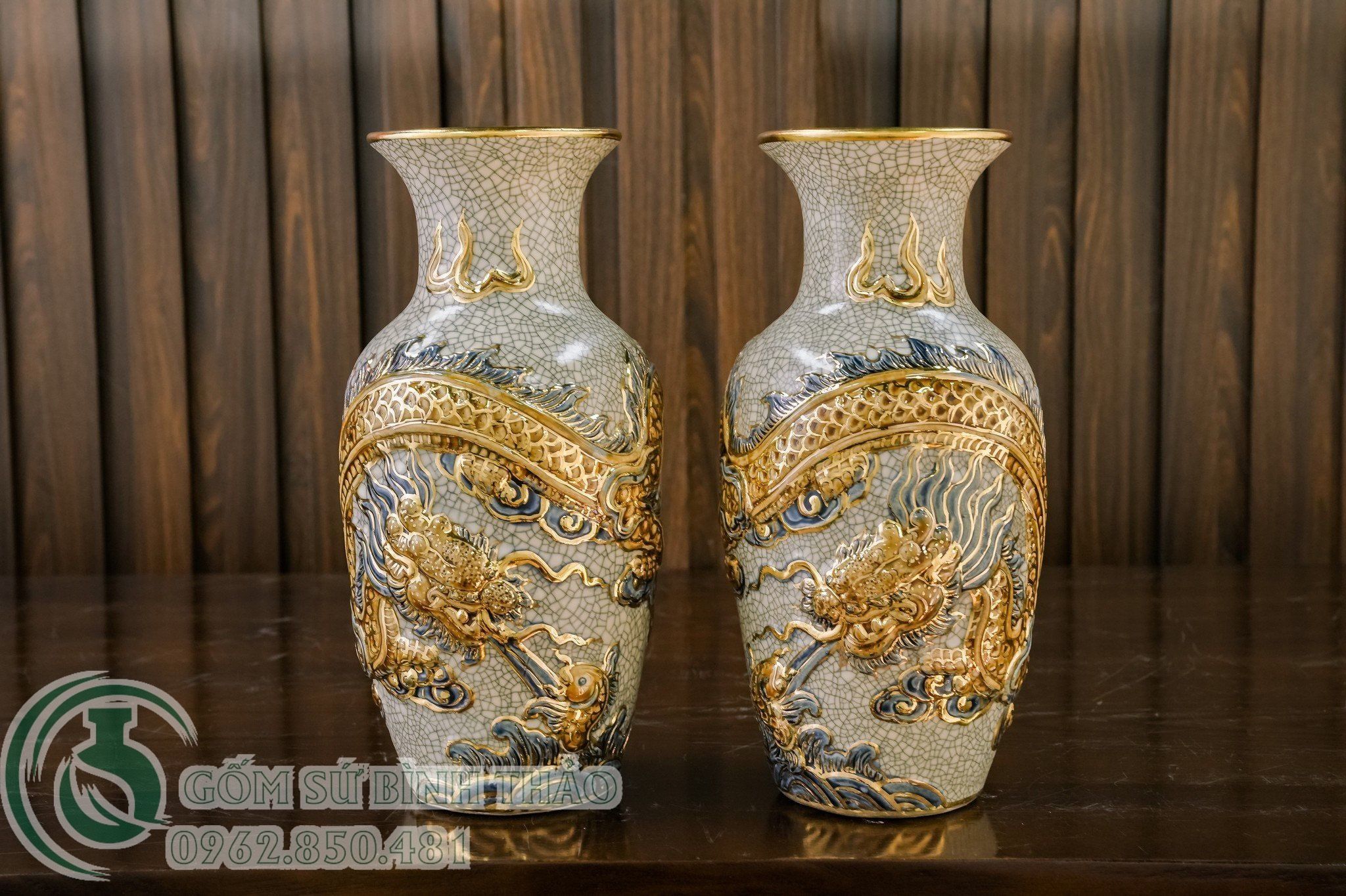Bộ đồ thờ Gia tiên 1 bát hương Men Rạn đắp nổi Vẽ Vàng Cao cấp Bát Tràng hàng Nghệ nhân PAVK03