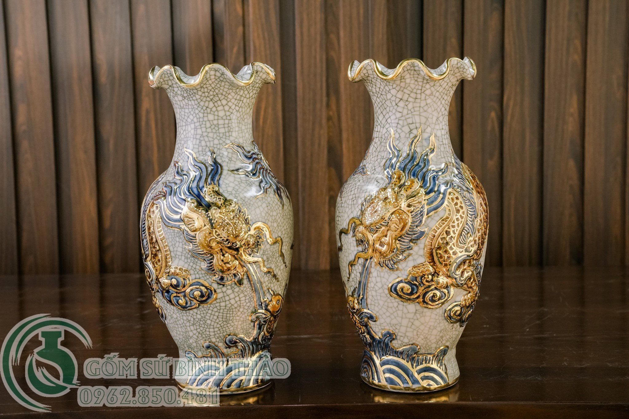 Lọ lượn Rồng Men rạn Đắp nổi Vẽ vàng 24K