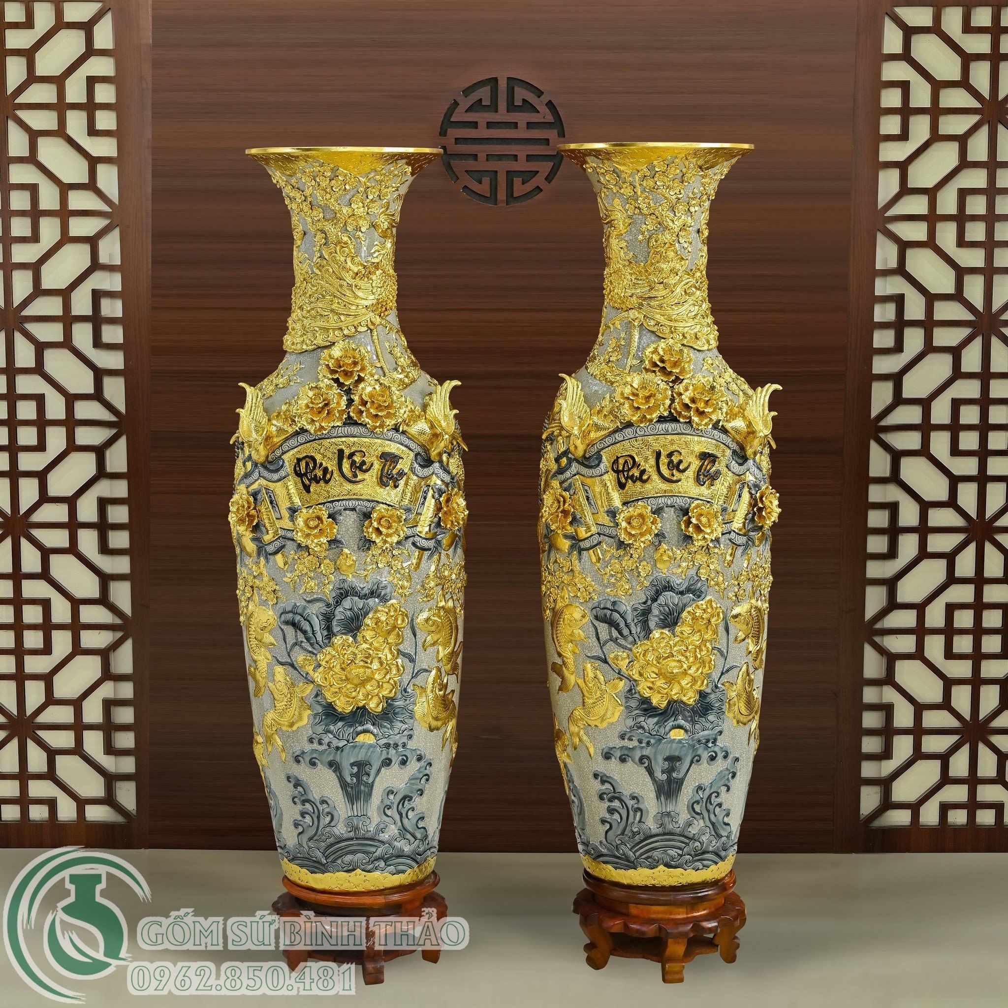 Lọ Lục Bình Phúc Lộc Thọ Men Rạn Đắp nổi Dát Vàng - Nghệ nhân Bát Tràng