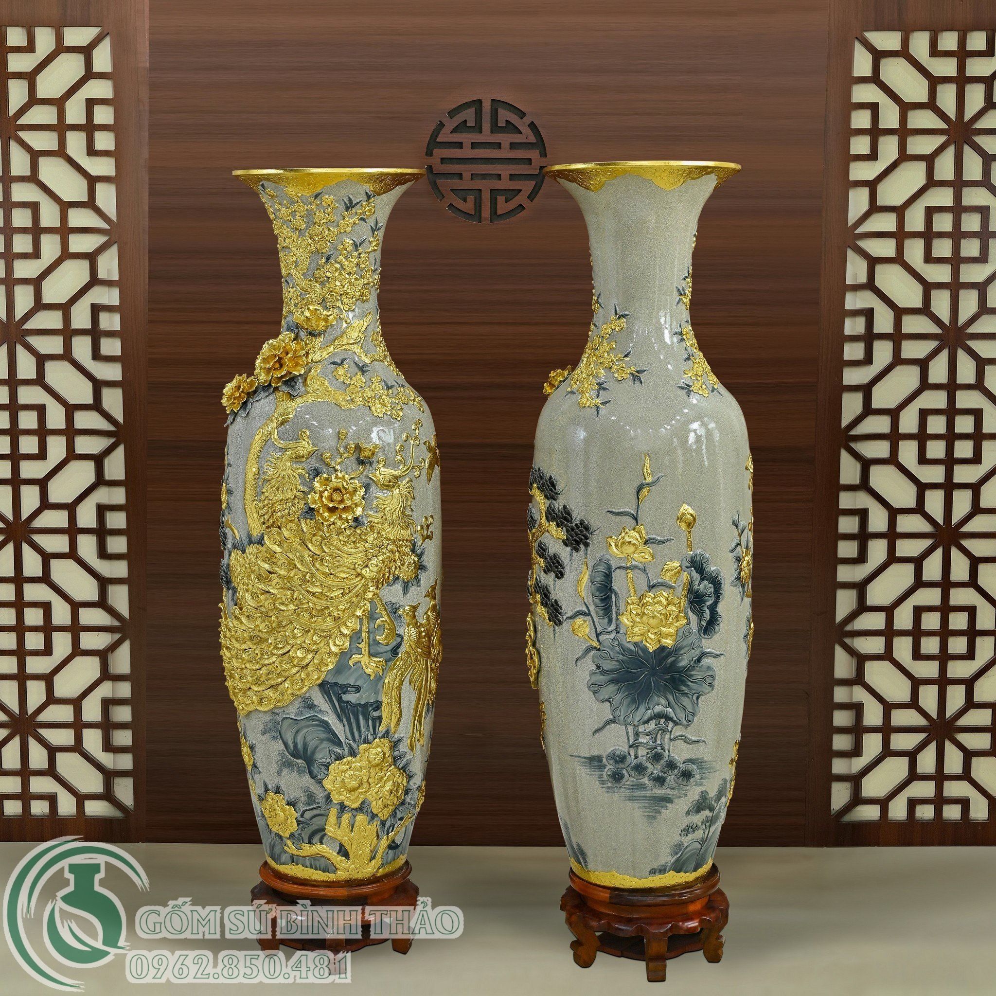 Lọ Lộc bình Công Đào Men rạn Đắp nổi Dát vàng Hàng nghệ Nhân Bát Tràng