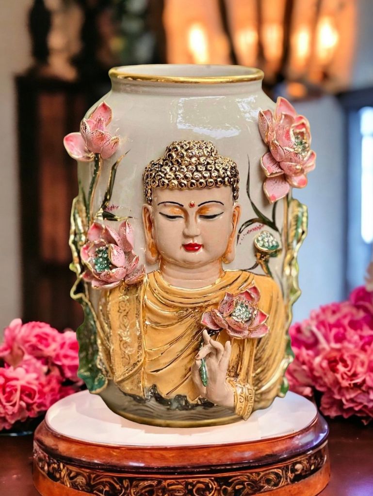Bình Phật Thích Ca vẽ vàng 24k - Hàng Nghệ nhân Bát Tràng Đắp tay
