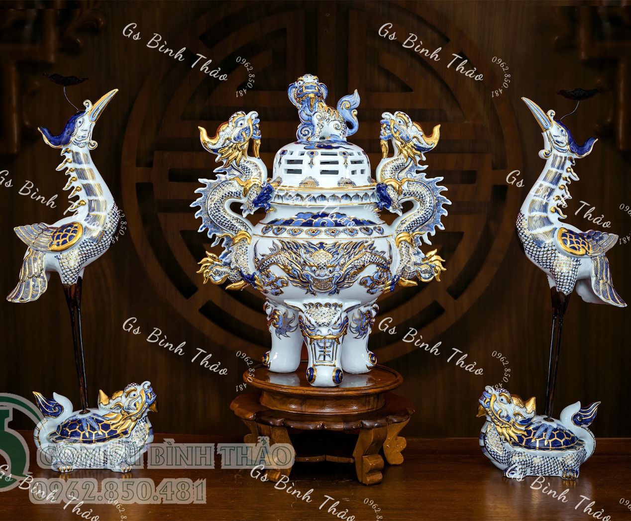 Bộ Đỉnh hạc Tam sự Chân đồng men Lam Vẽ vàng 24K Cao cấp - Nghệ nhân vẽ tay