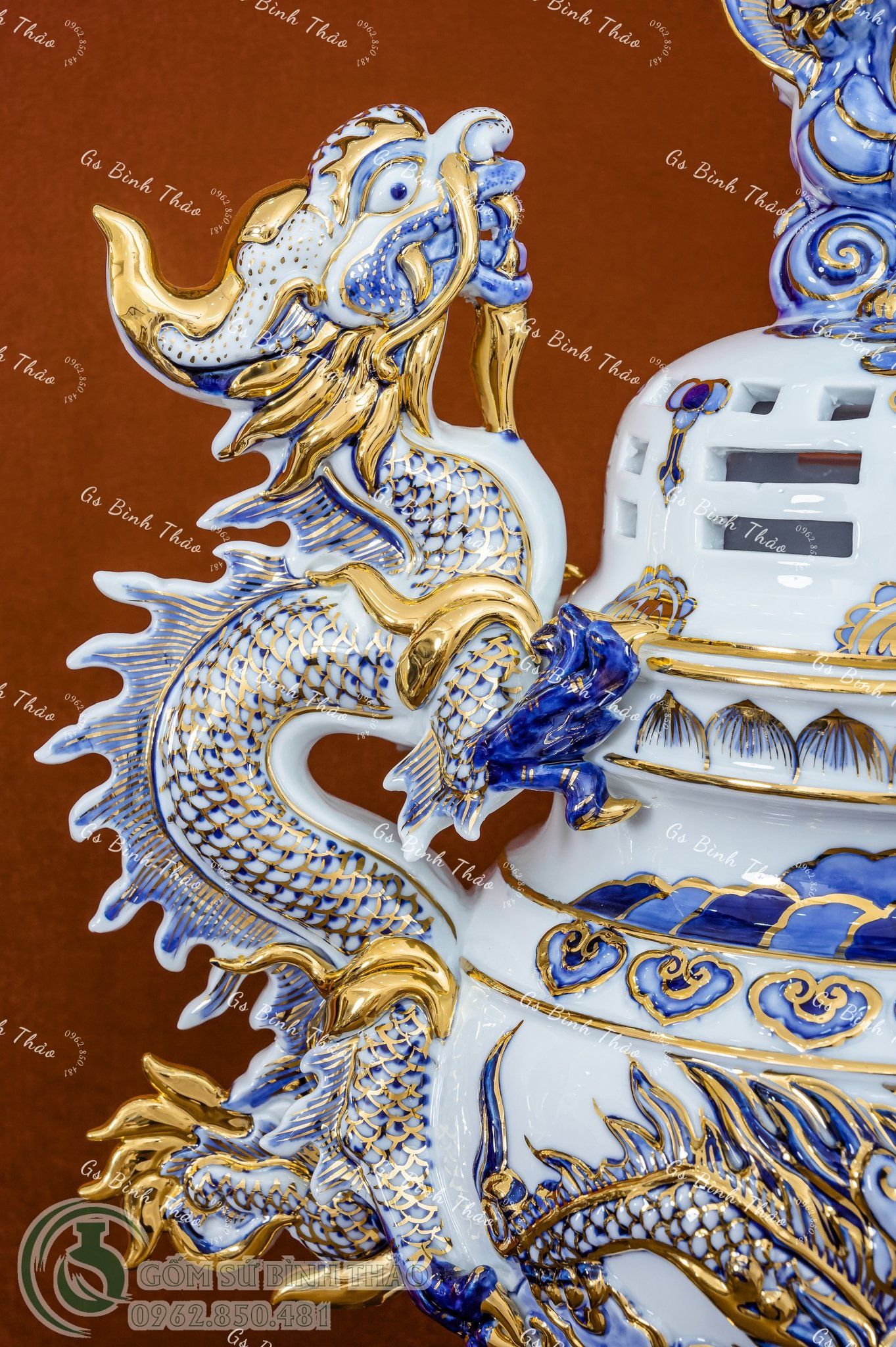 Bộ Đỉnh hạc Tam sự Chân đồng men Lam Vẽ vàng 24K Cao cấp - Nghệ nhân vẽ tay