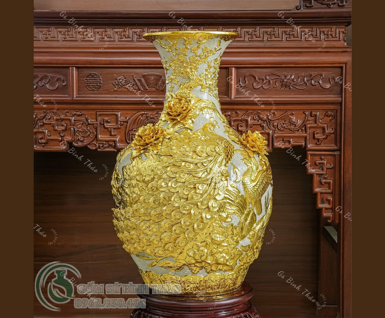 Tỏi Công Đào Men rạn đắp nổi Dát vàng H80cm - Nghệ nhân Bát Tràng