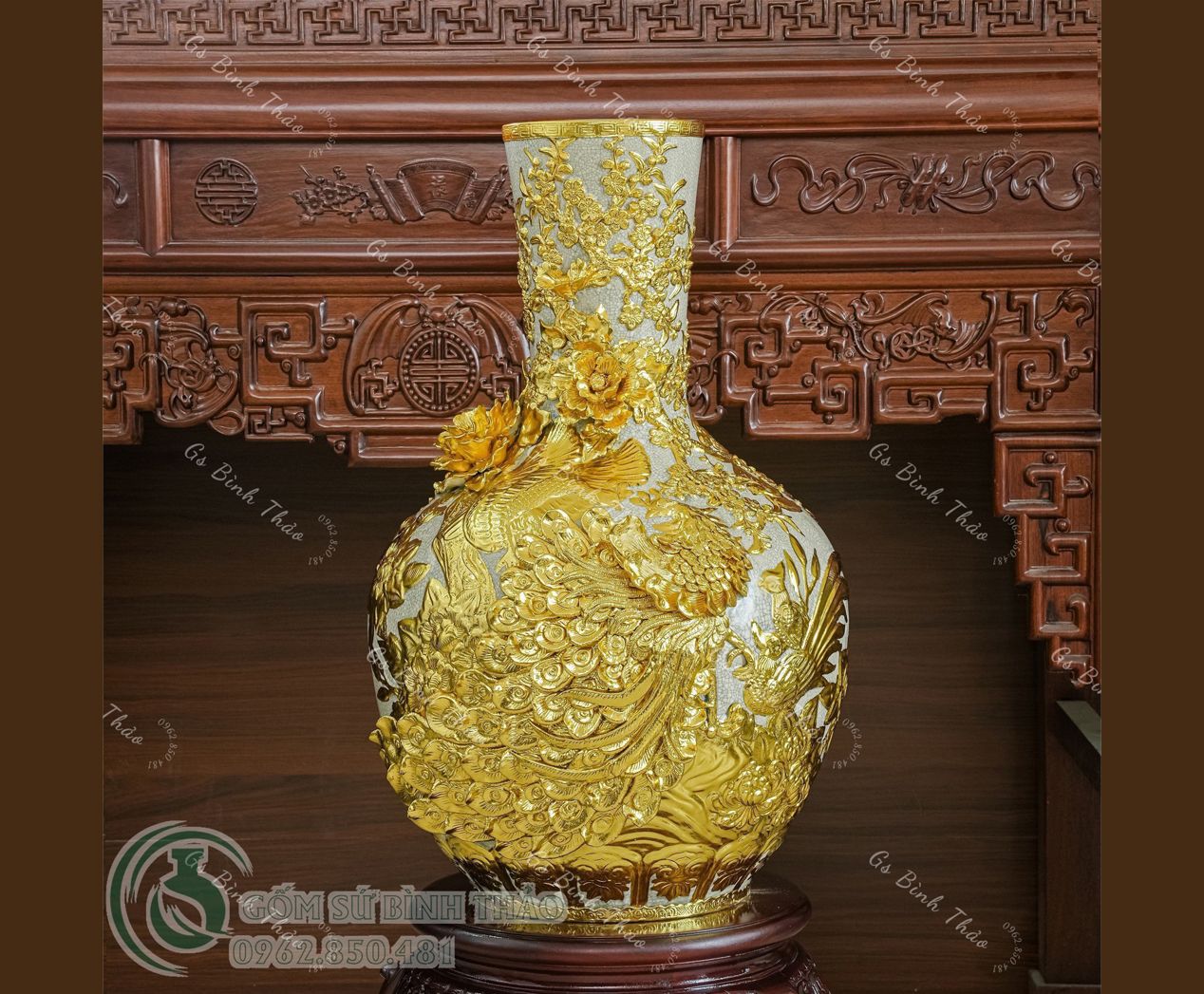 Tỏi Cổ thẳng Công đào Kênh đuôi men rạn dát vàng H70cm