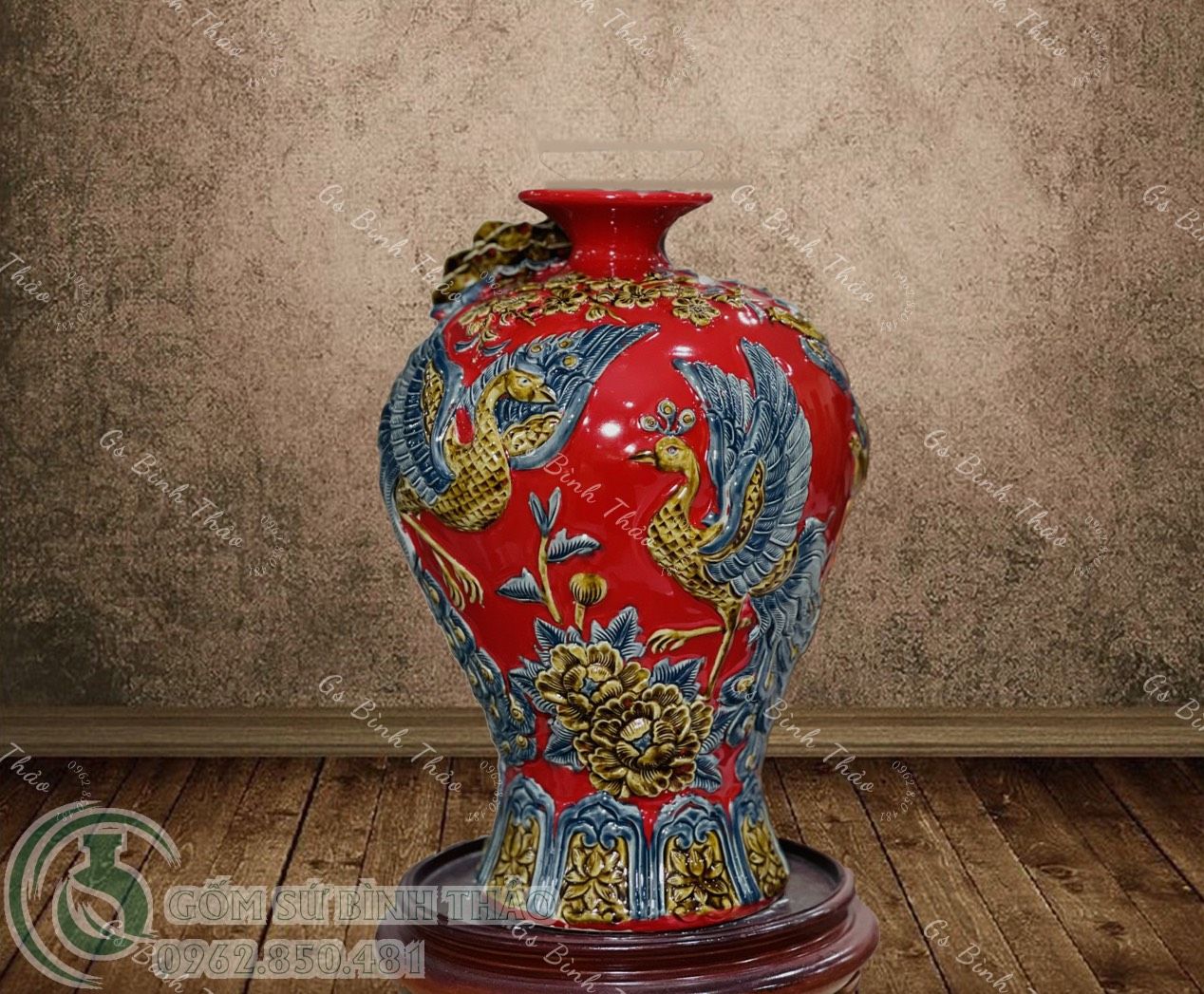 Mai bình Công thành danh toại Men màu đắp nổi - Hàng nghệ nhân Bát Tràng