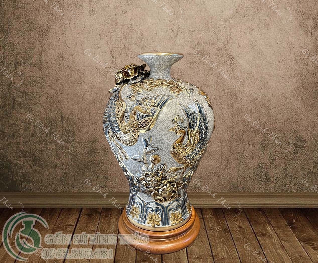 Mai bình Công thành danh toại Men rạn Vẽ vàng 24K - Hàng nghệ nhân Bát Tràng