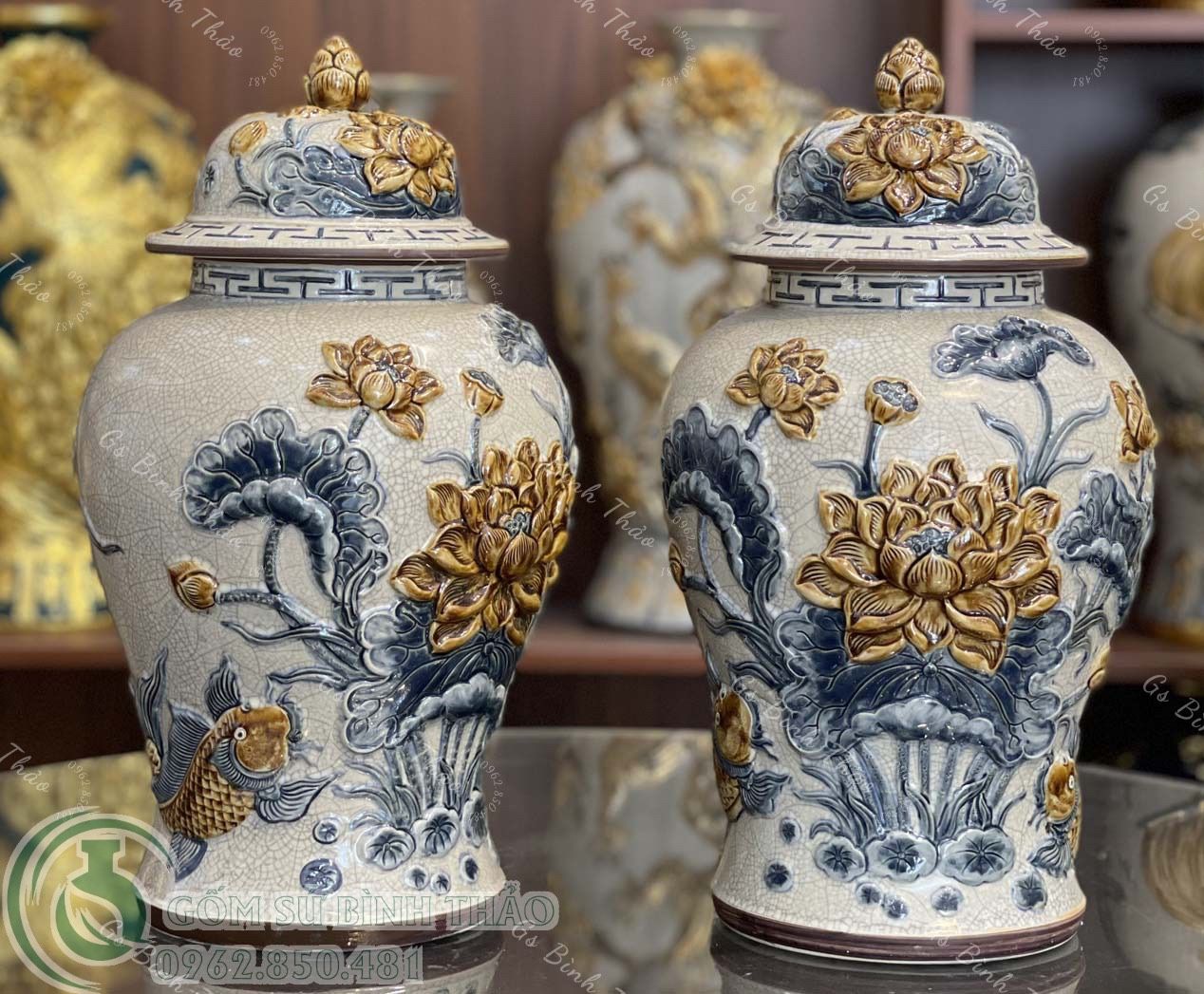 Chóe Sen cá Men rạn đắp nổi - Hàng Nghệ nhân Bát Tràng HN