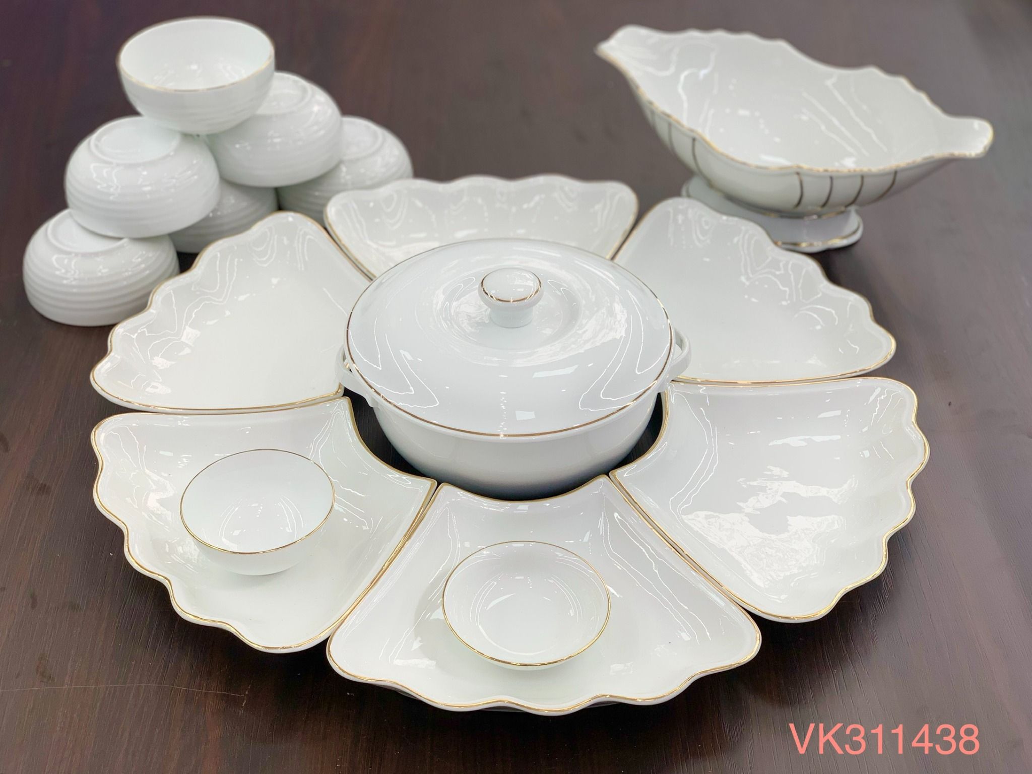 Bộ bát đĩa Hoa mặt trời Trắng Vẽ vàng Cao cấp Bát Tràng
