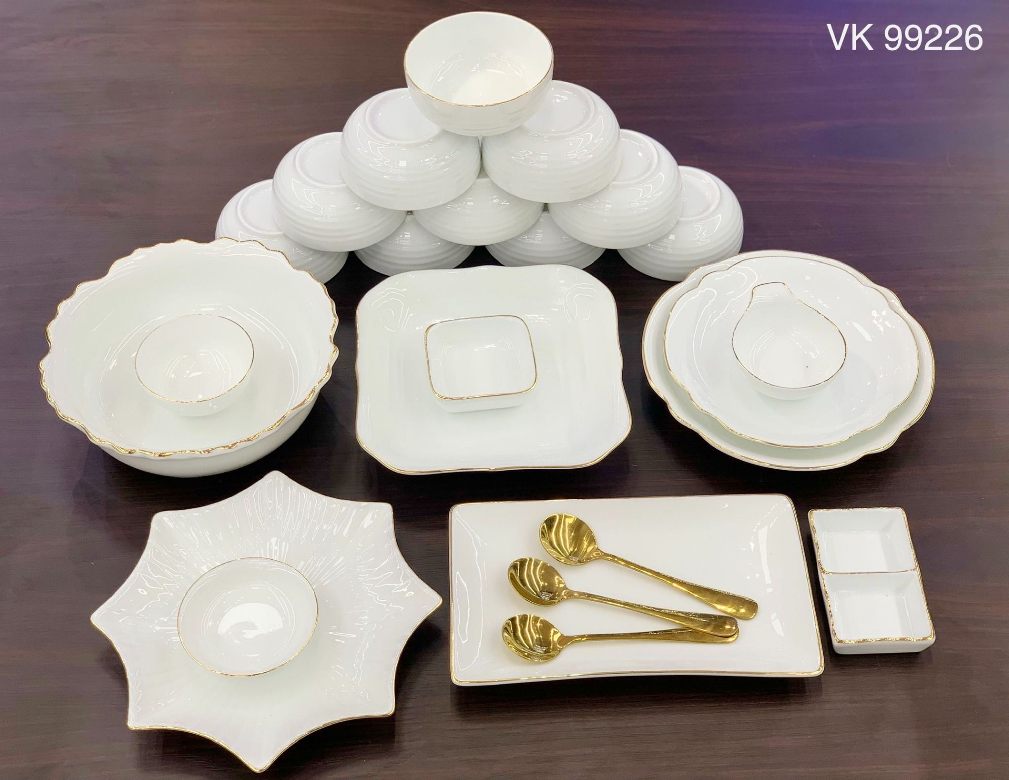 Bộ Bát đĩa Trắng Vẽ Vàng hàng Bát Tràng Cao cấp TĐ